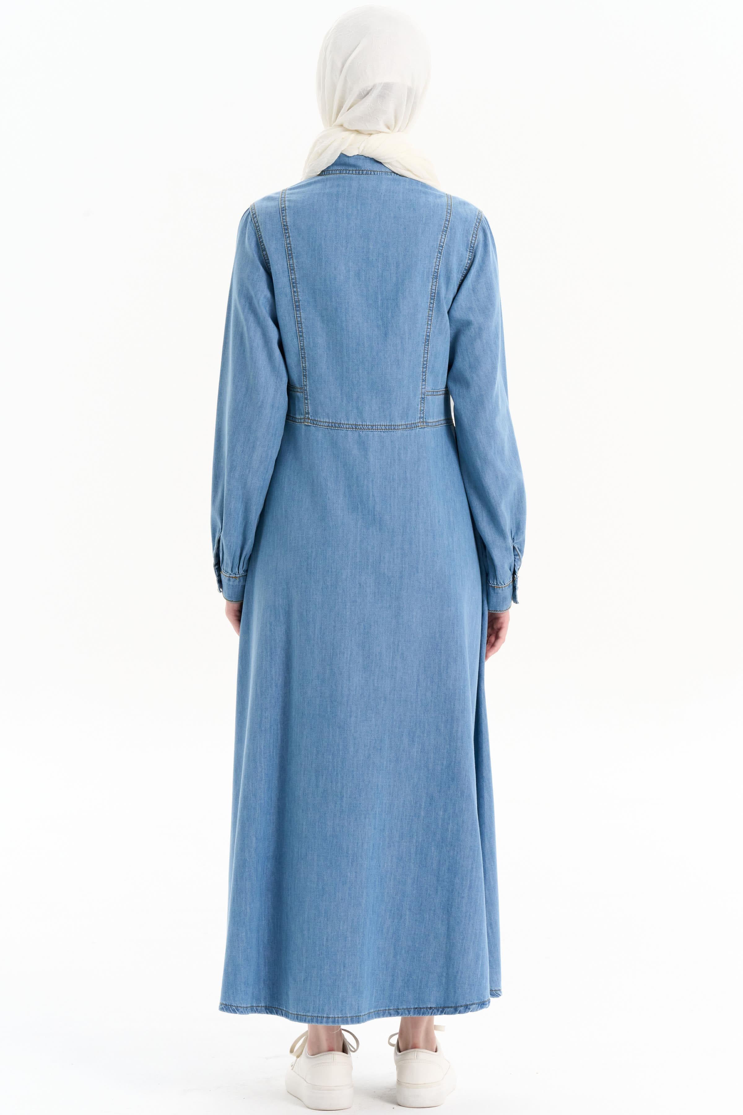 Büzgülü Denim Elbise - Açık Mavi TUGBA