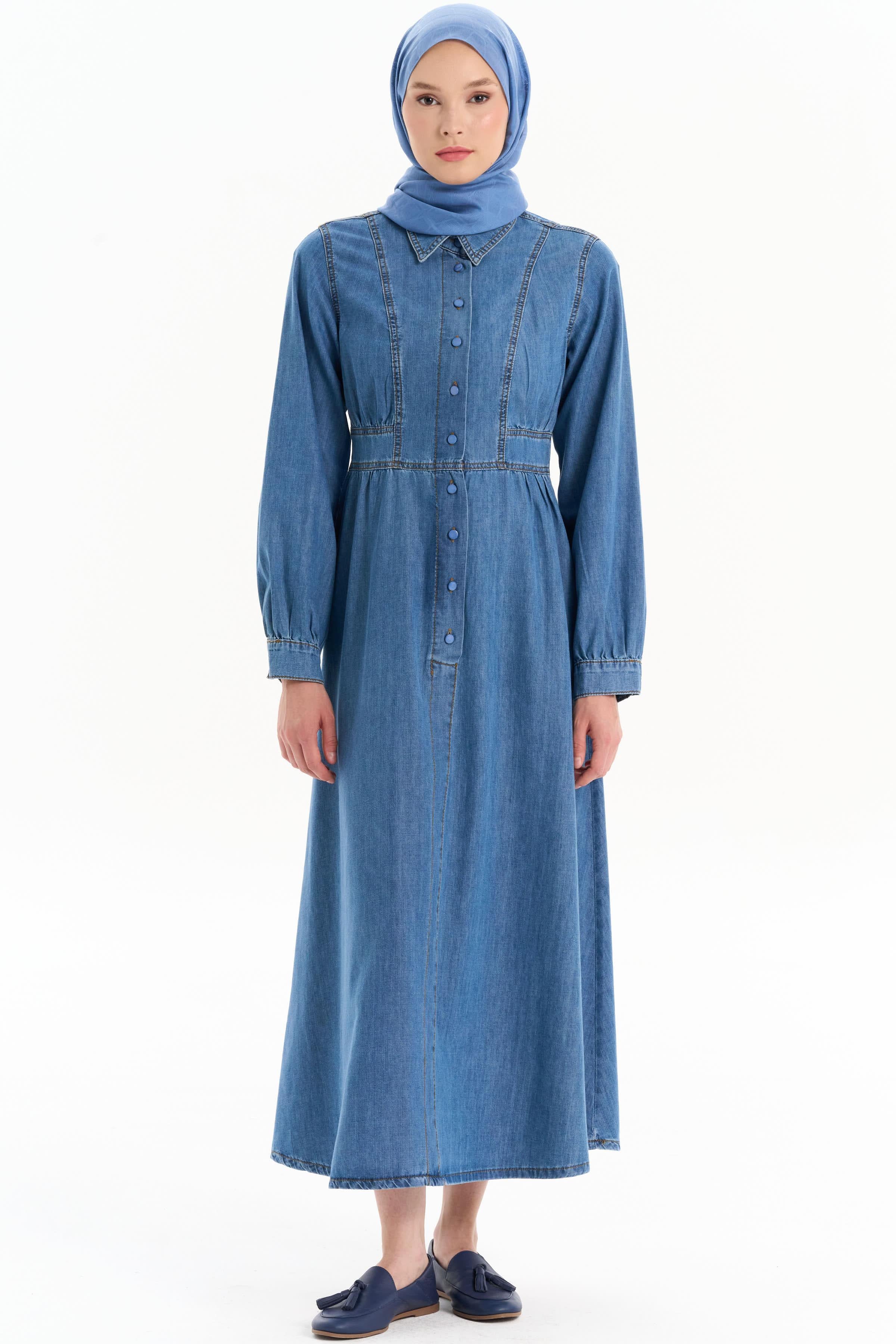 Büzgülü Denim Elbise - İndigo TUGBA
