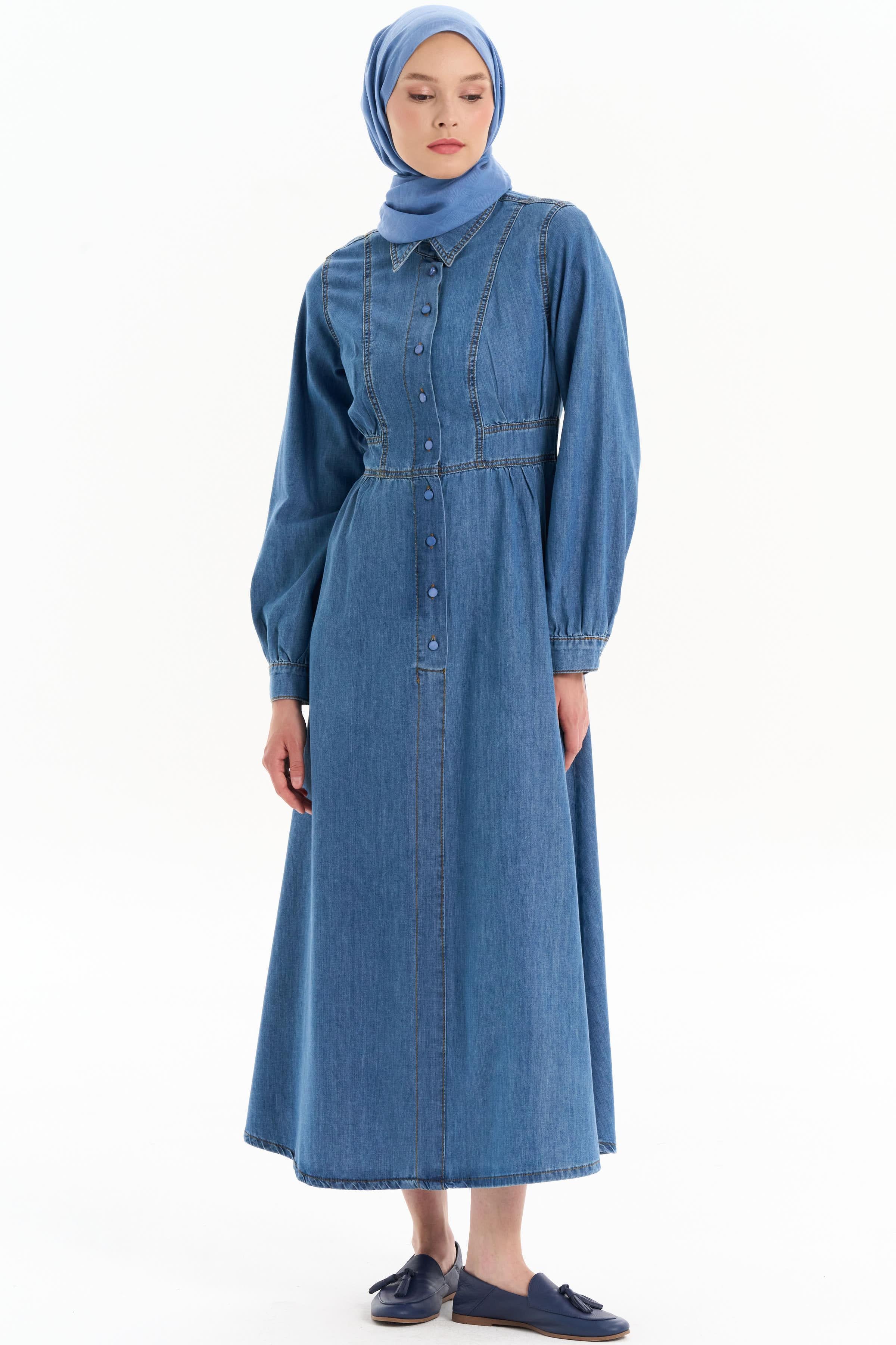 Büzgülü Denim Elbise - İndigo TUGBA