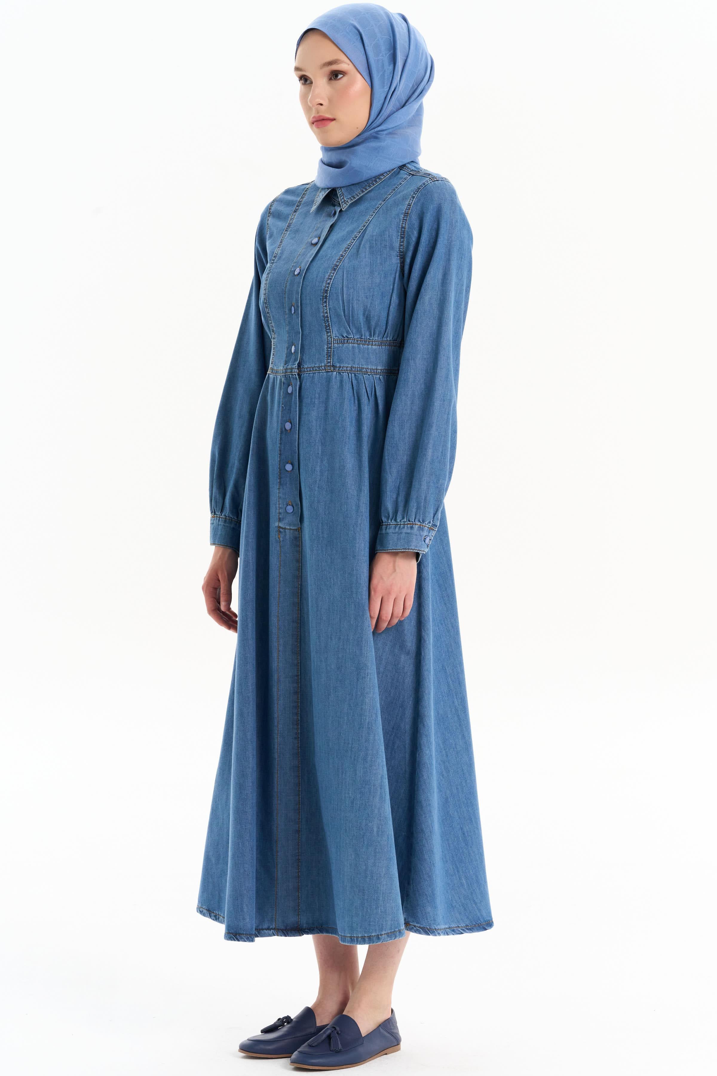 Büzgülü Denim Elbise - İndigo TUGBA