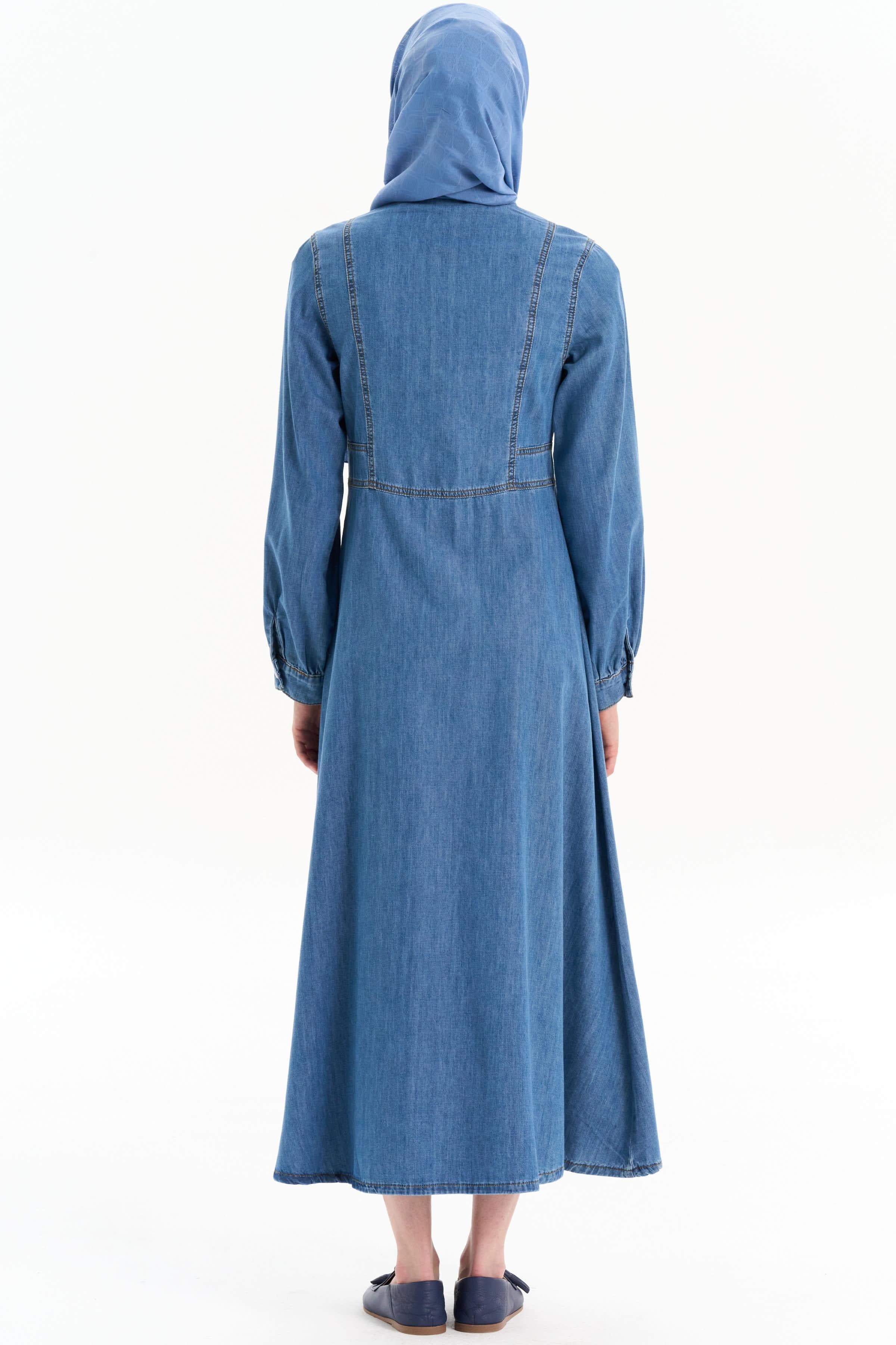 Büzgülü Denim Elbise - İndigo TUGBA