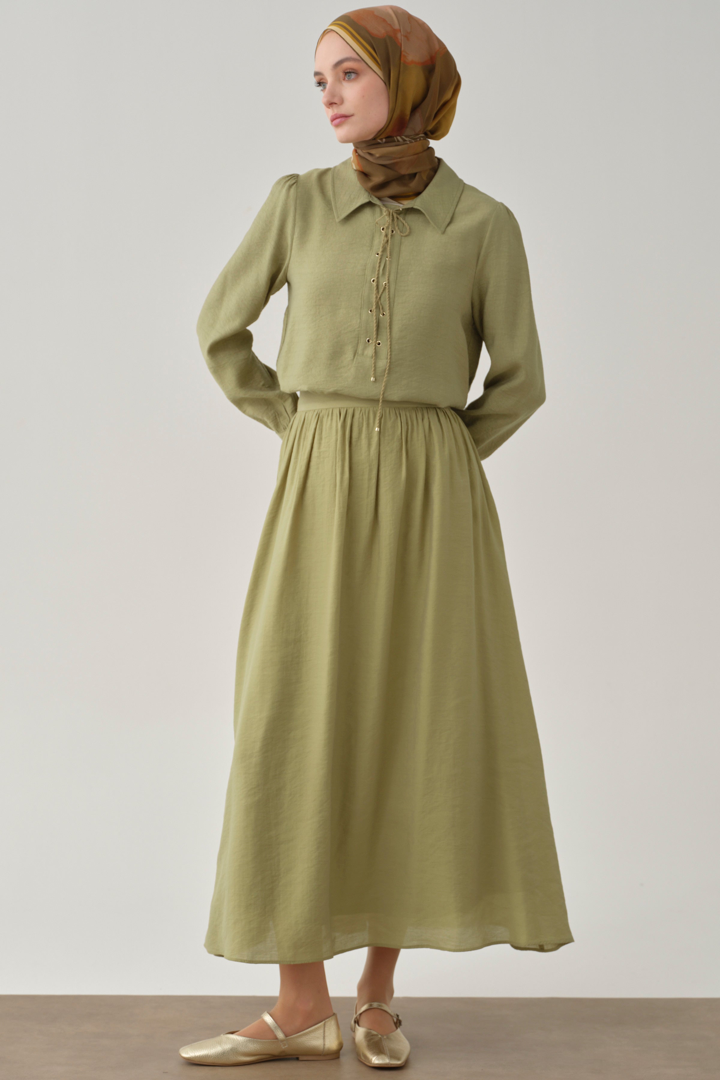 Büzgülü Etek - Olive TUGBA