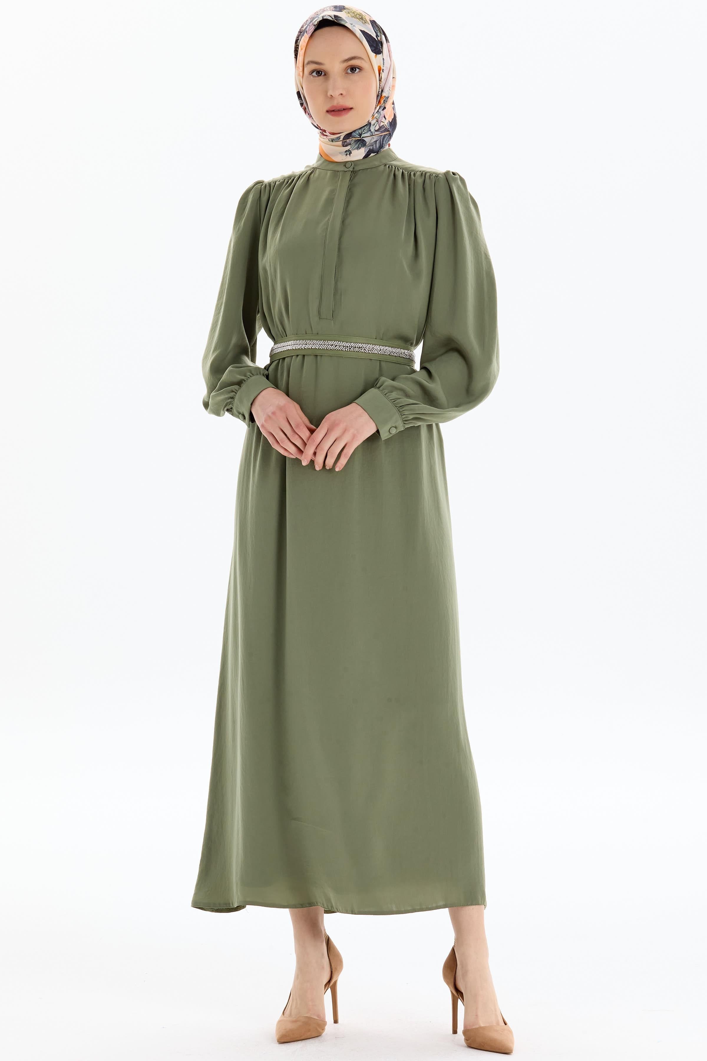 Büzgülü İşleme Kemerli Elbise - Haki TUGBA