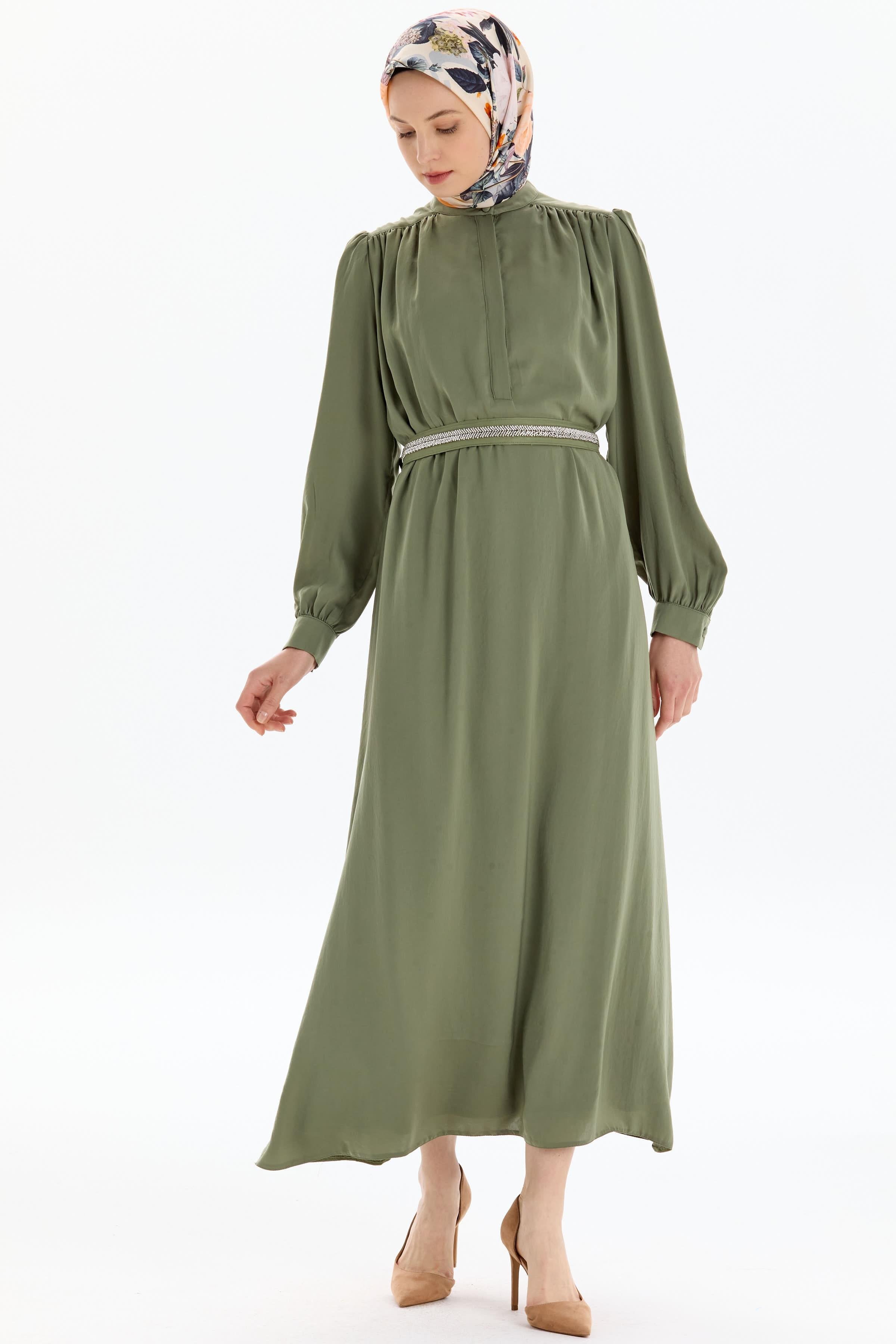 Büzgülü İşleme Kemerli Elbise - Haki TUGBA