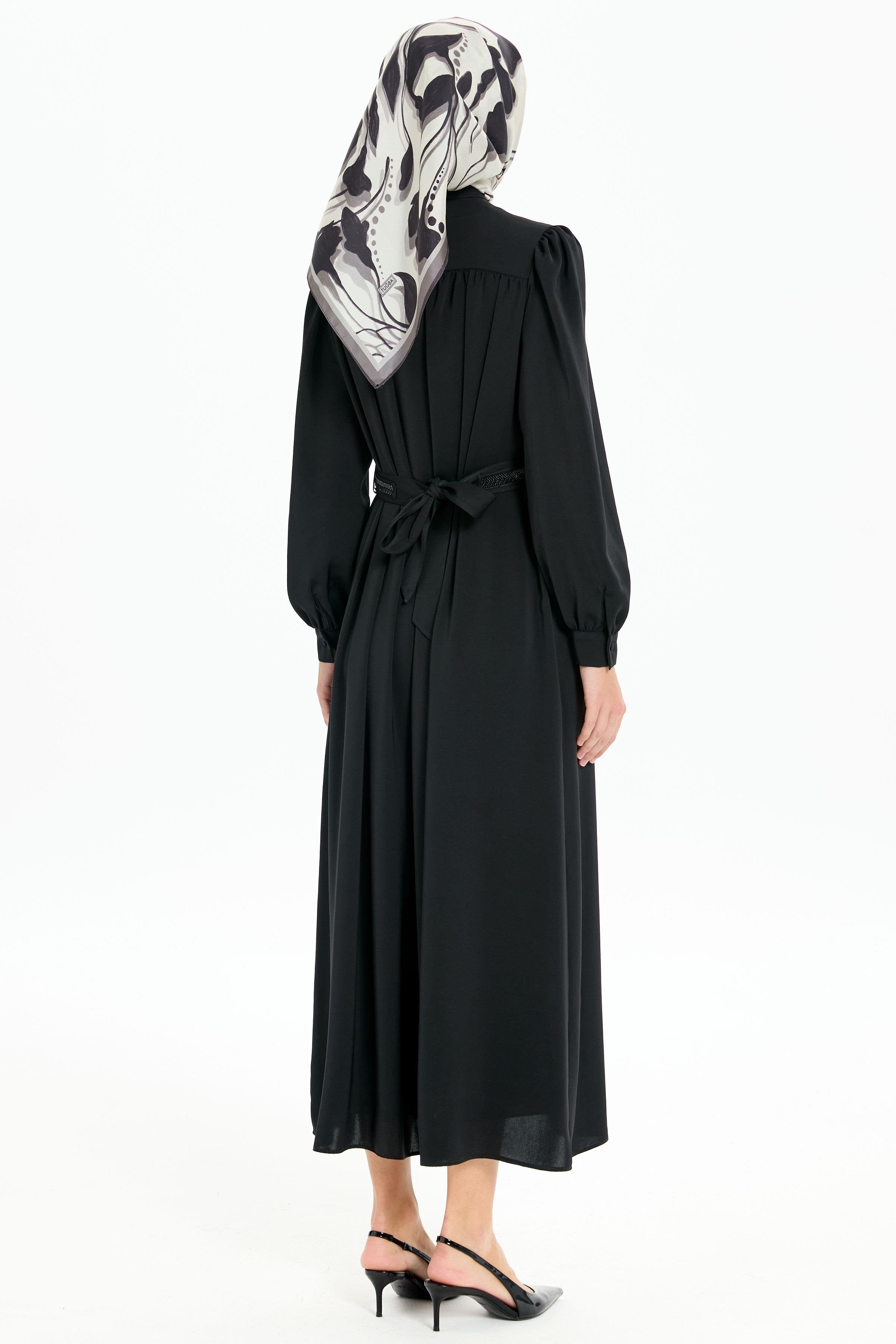 Büzgülü İşleme Kemerli Elbise - Siyah TUGBA