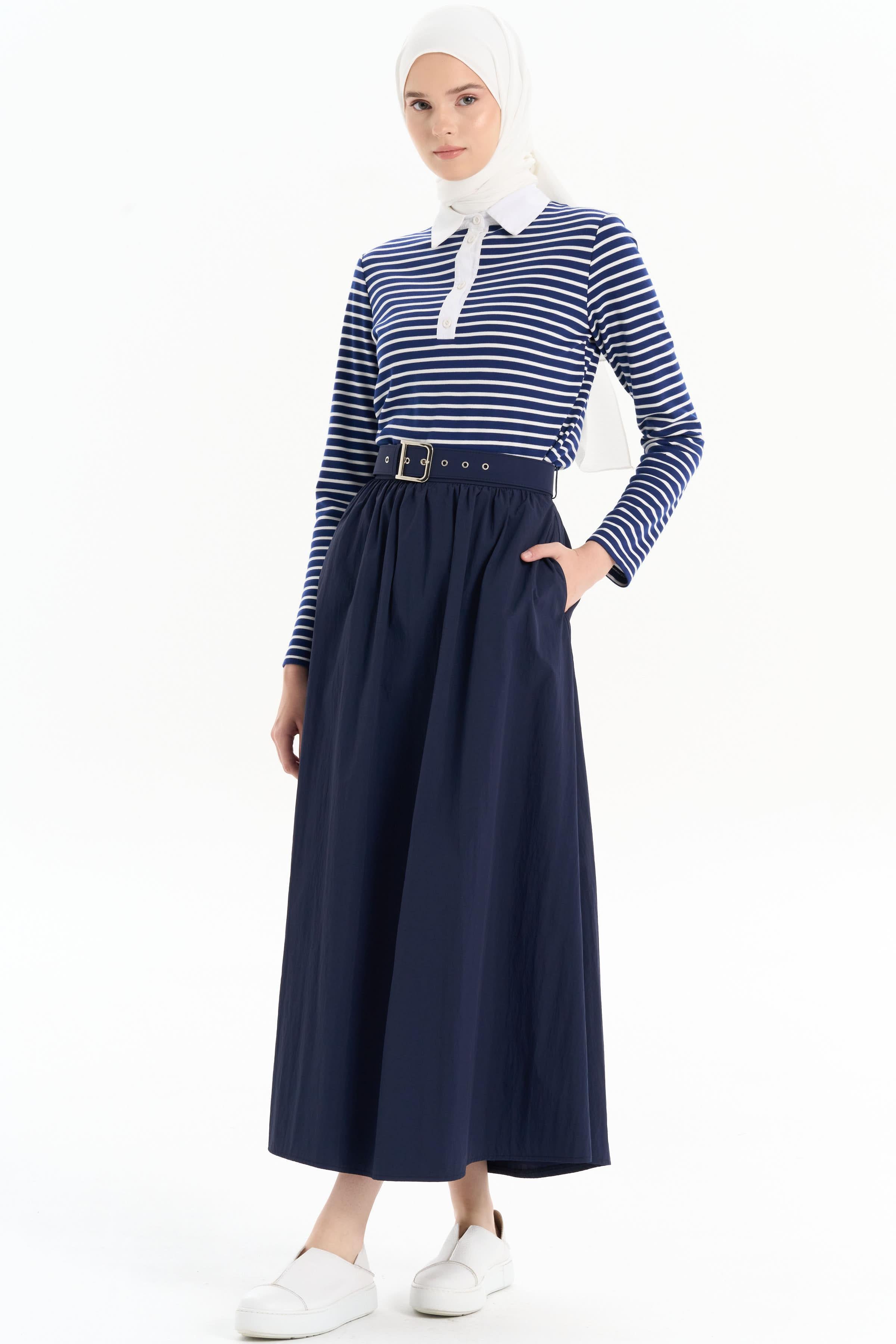 Büzgülü Kemerli Etek - Lacivert TUGBA