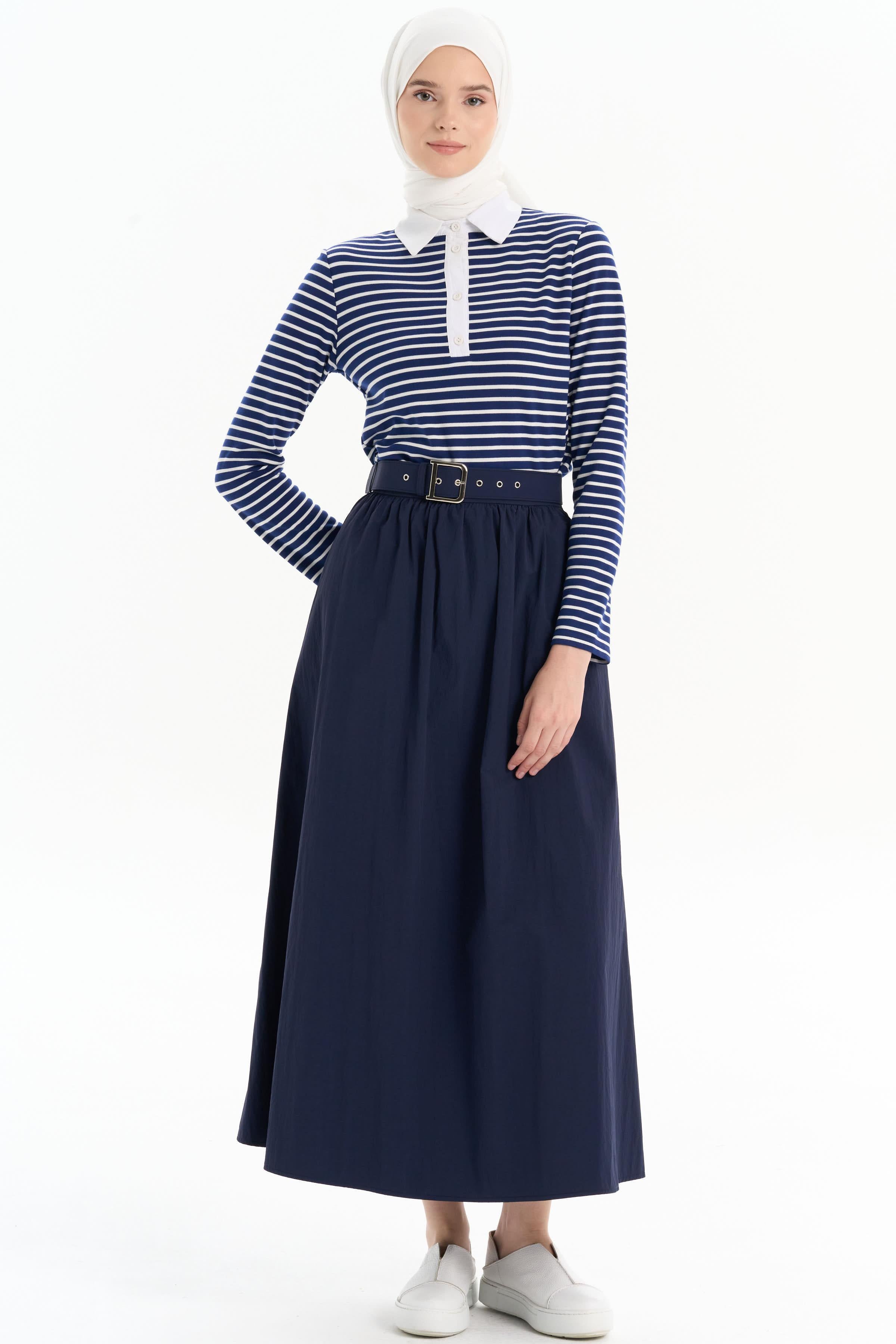 Büzgülü Kemerli Etek - Lacivert TUGBA