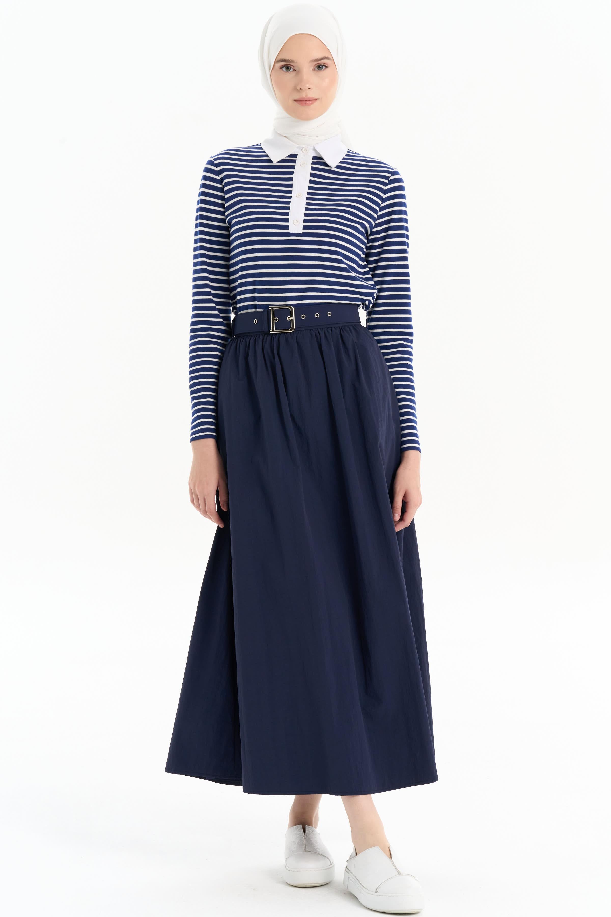 Büzgülü Kemerli Etek - Lacivert TUGBA