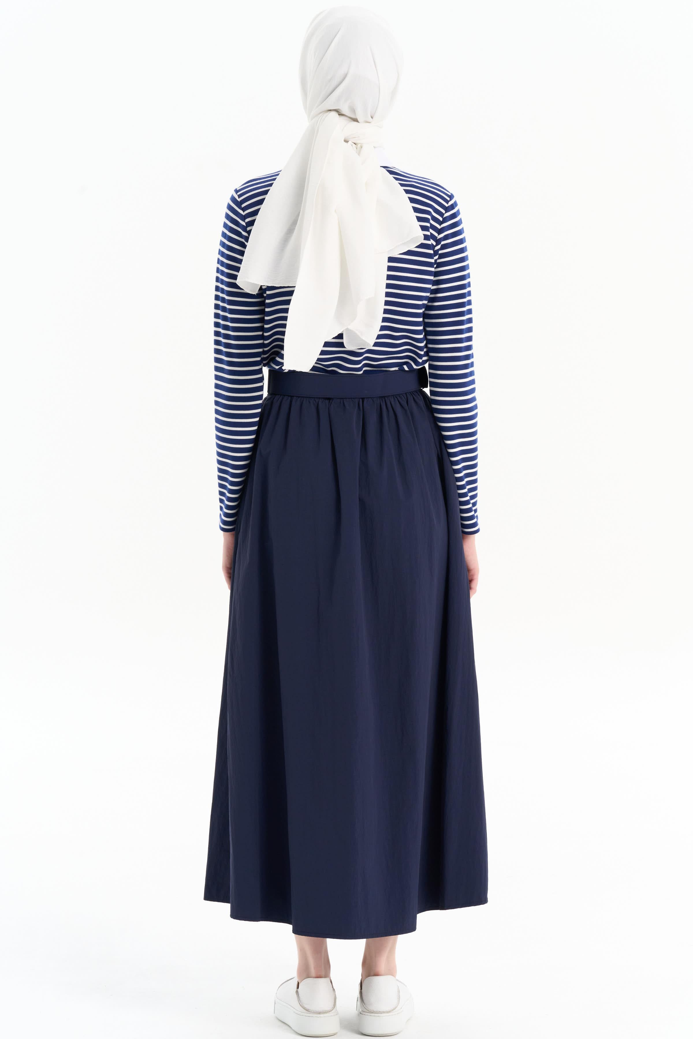 Büzgülü Kemerli Etek - Lacivert TUGBA