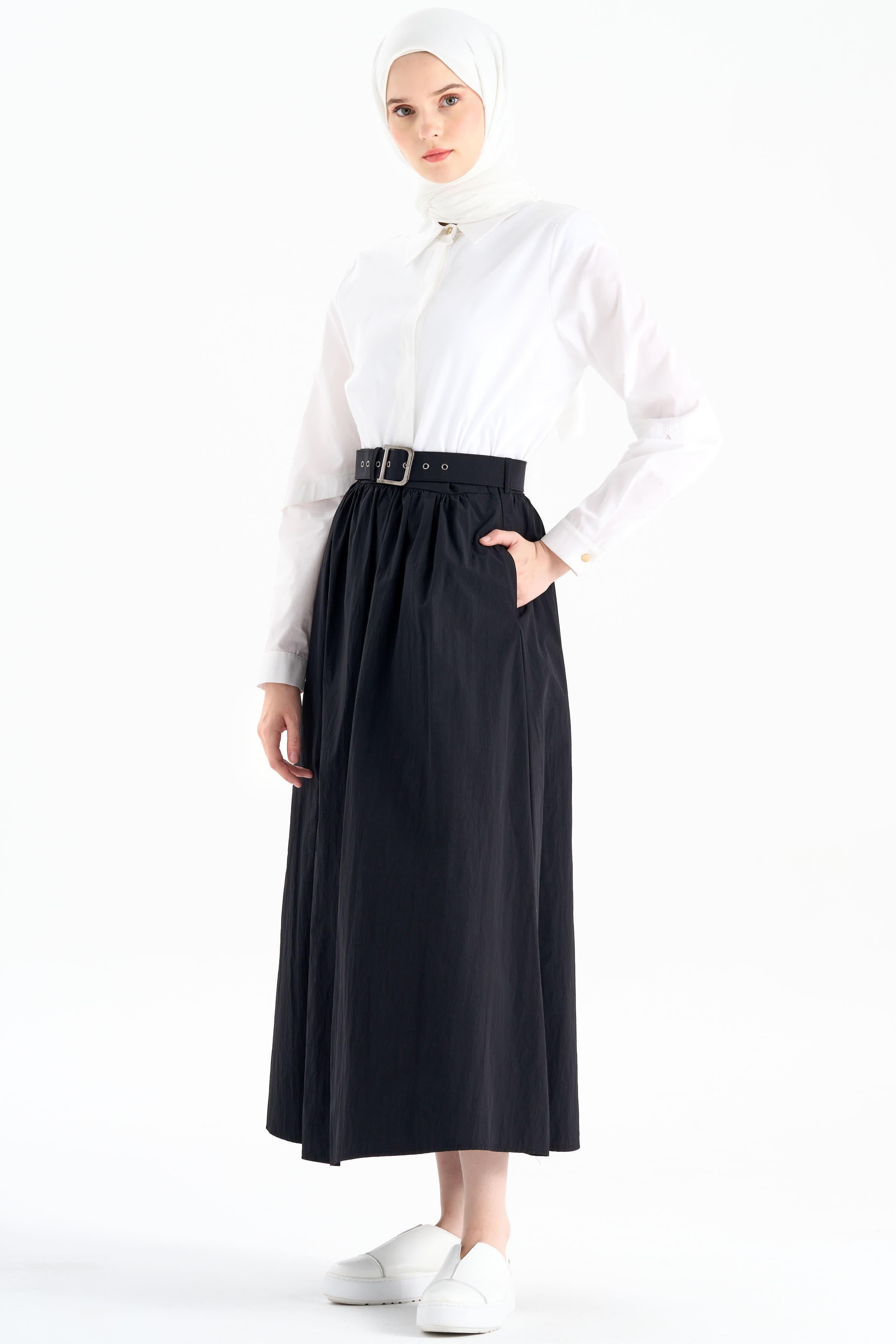 Büzgülü Kemerli Etek - Siyah TUGBA