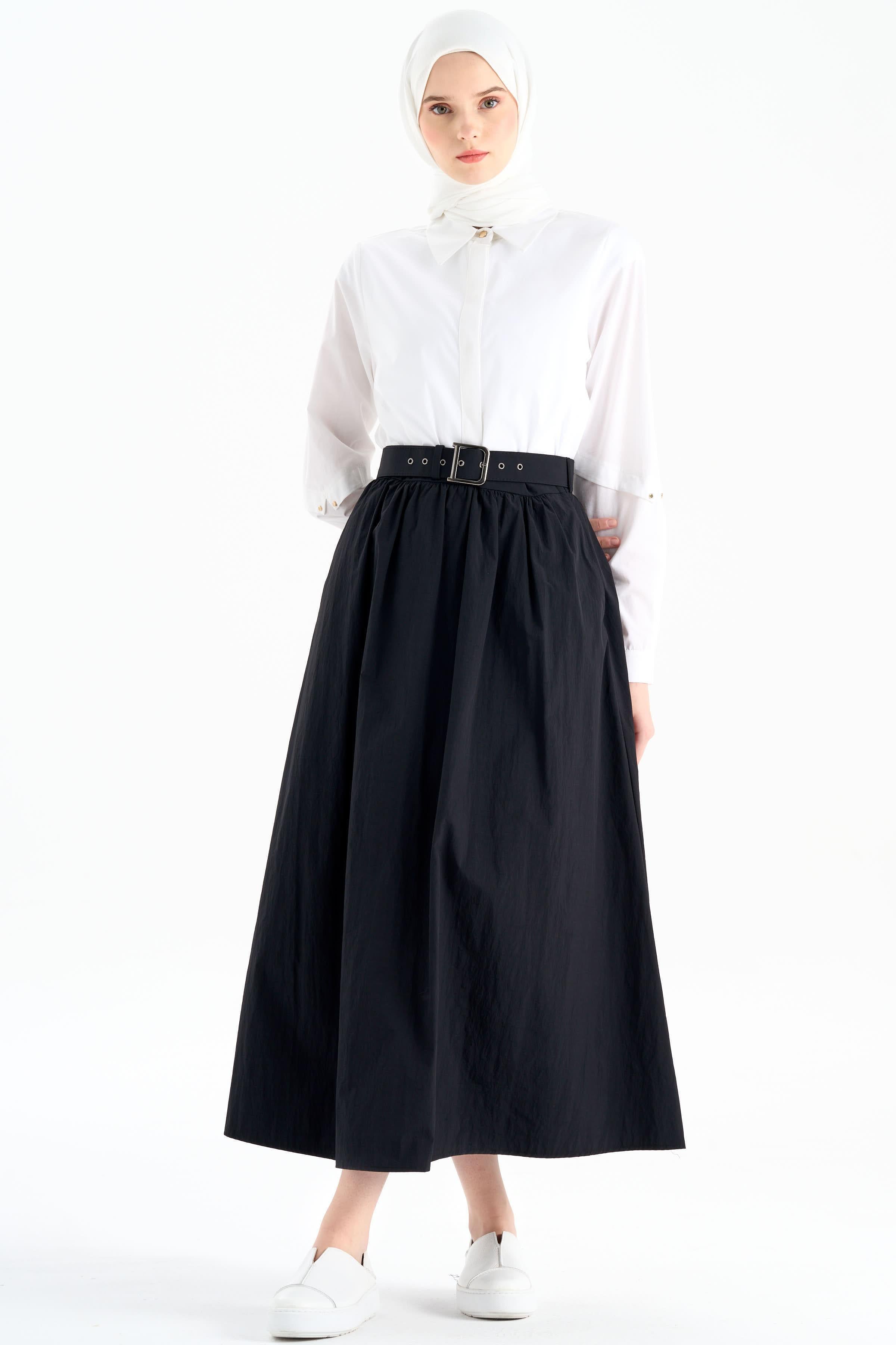 Büzgülü Kemerli Etek - Siyah TUGBA