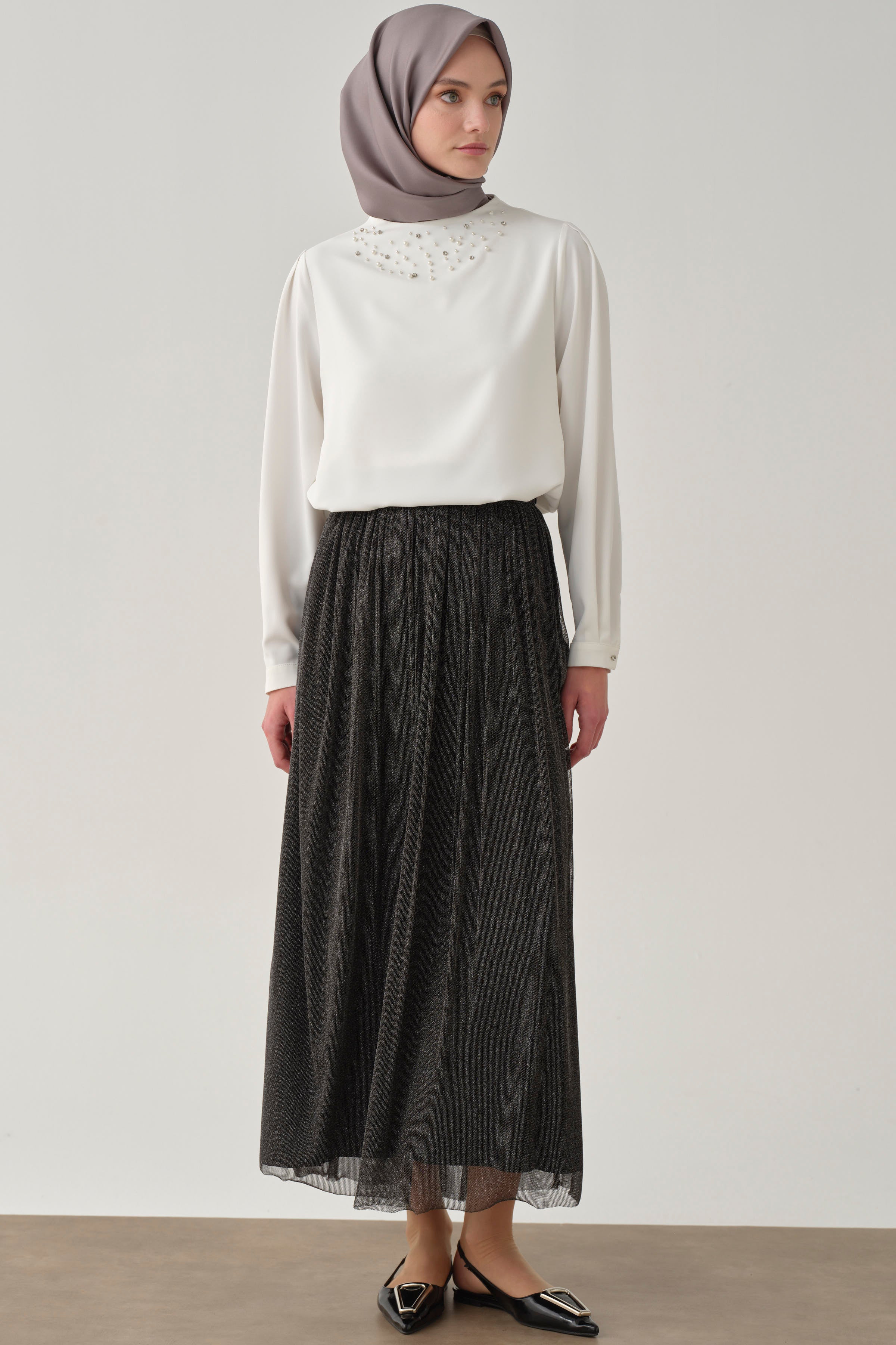 Büzgülü Simli Tül Etek - Antrasit TUGBA