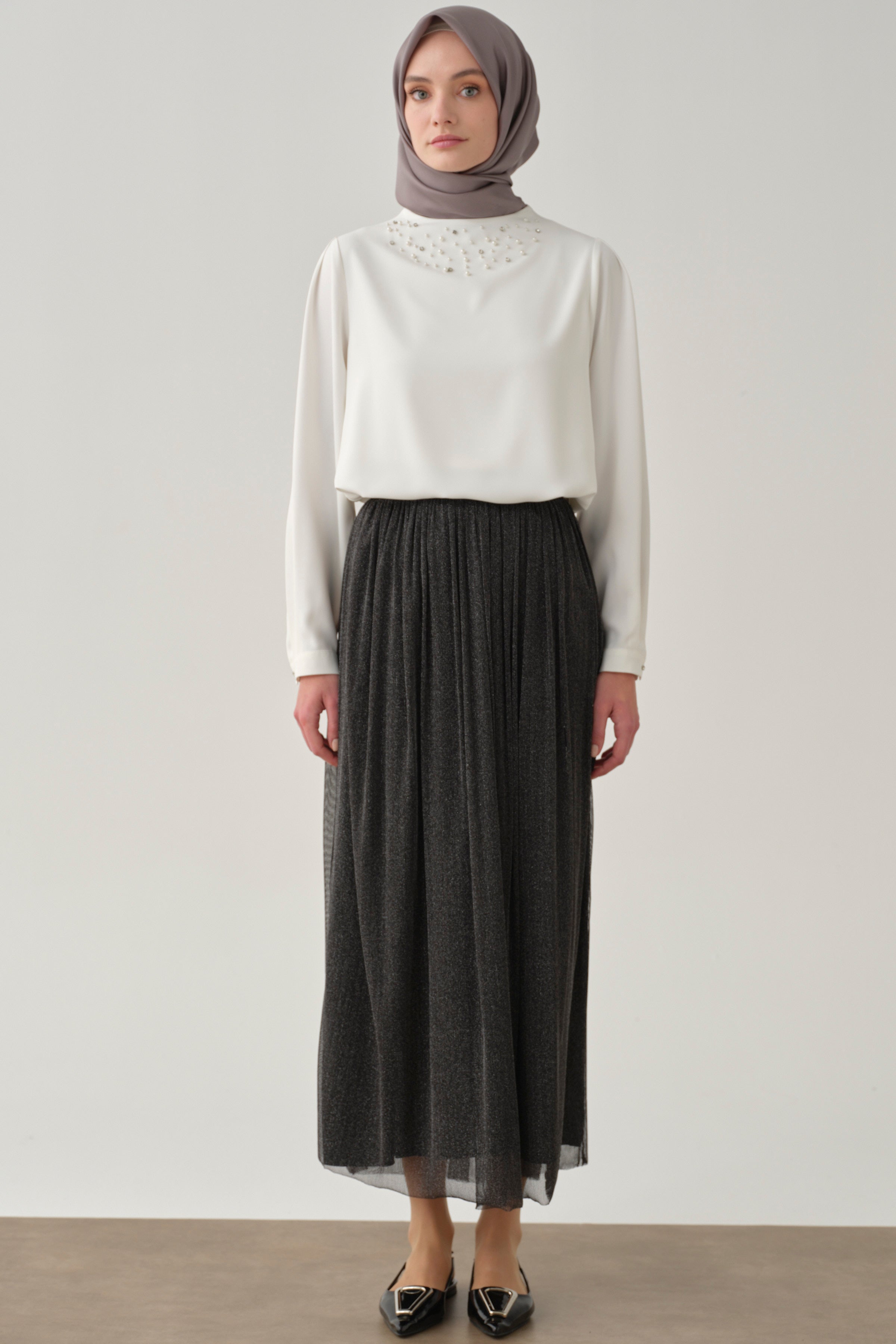 Büzgülü Simli Tül Etek - Antrasit TUGBA