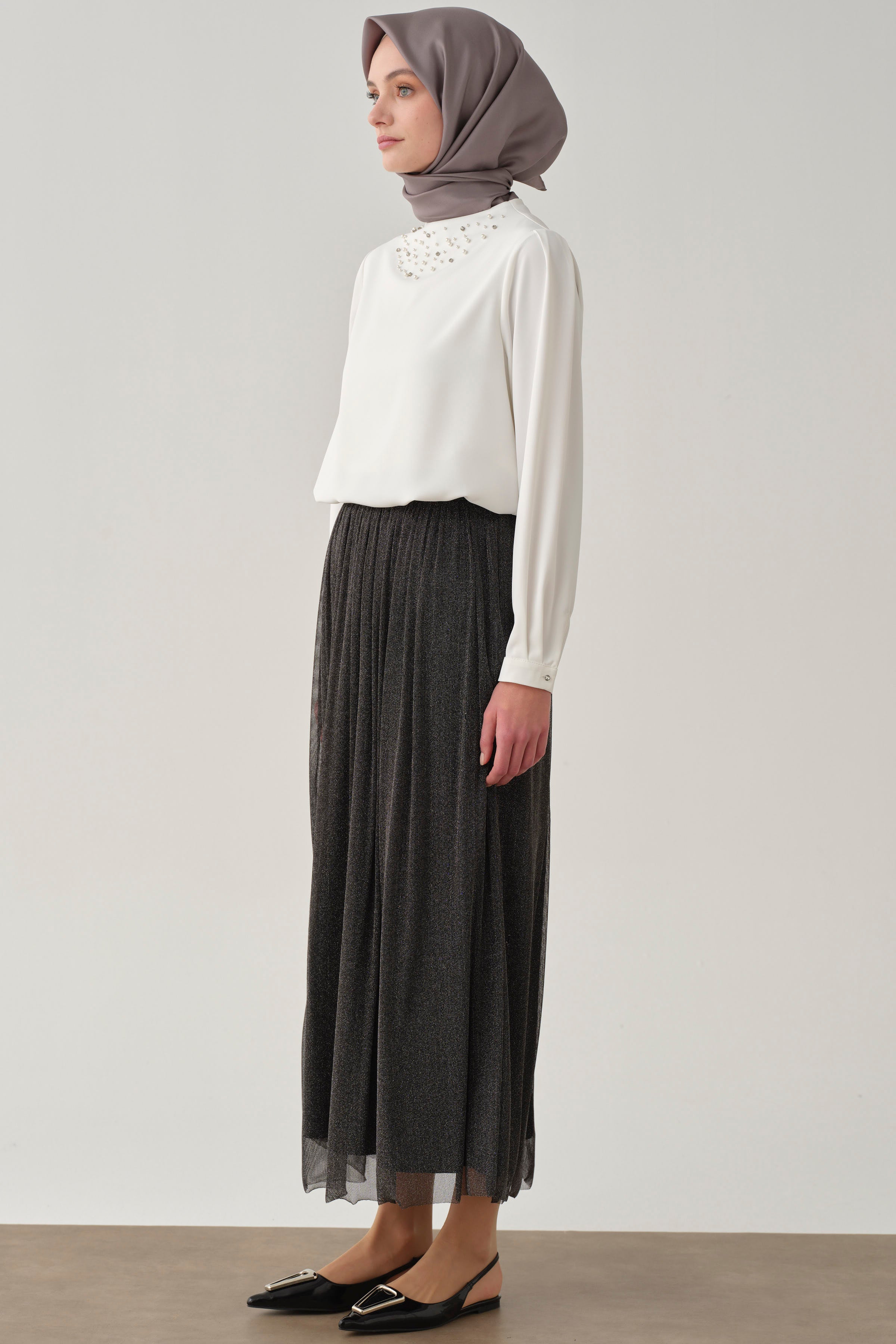 Büzgülü Simli Tül Etek - Antrasit TUGBA