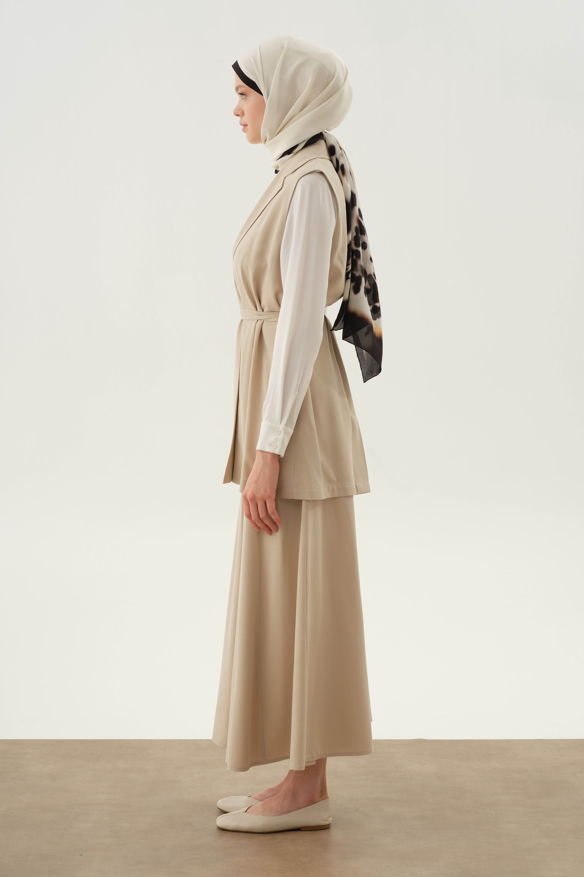 Çapraz Biye Kemerli Parçalı Etek - Bej TUGBA