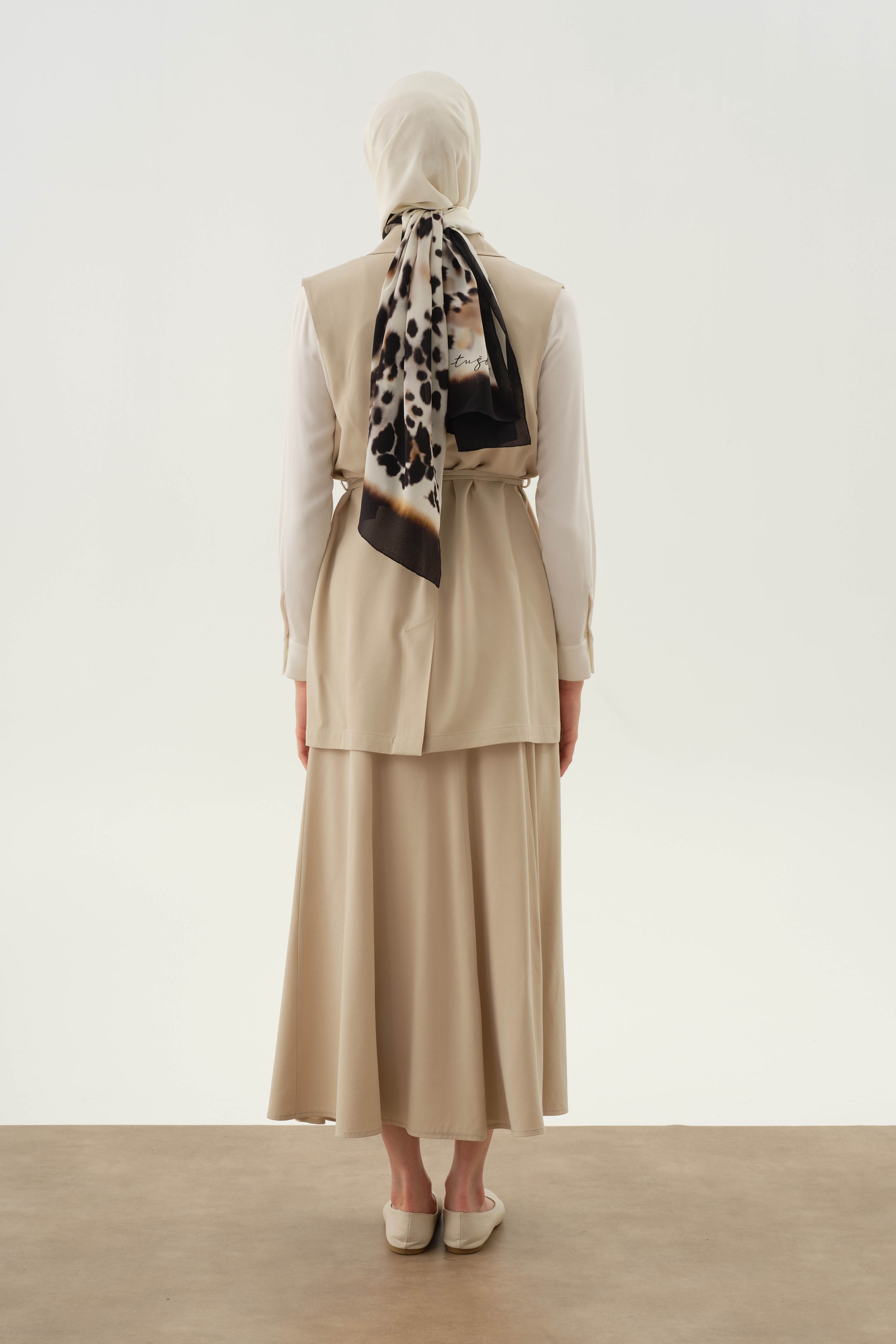 Çapraz Biye Kemerli Parçalı Etek - Bej TUGBA