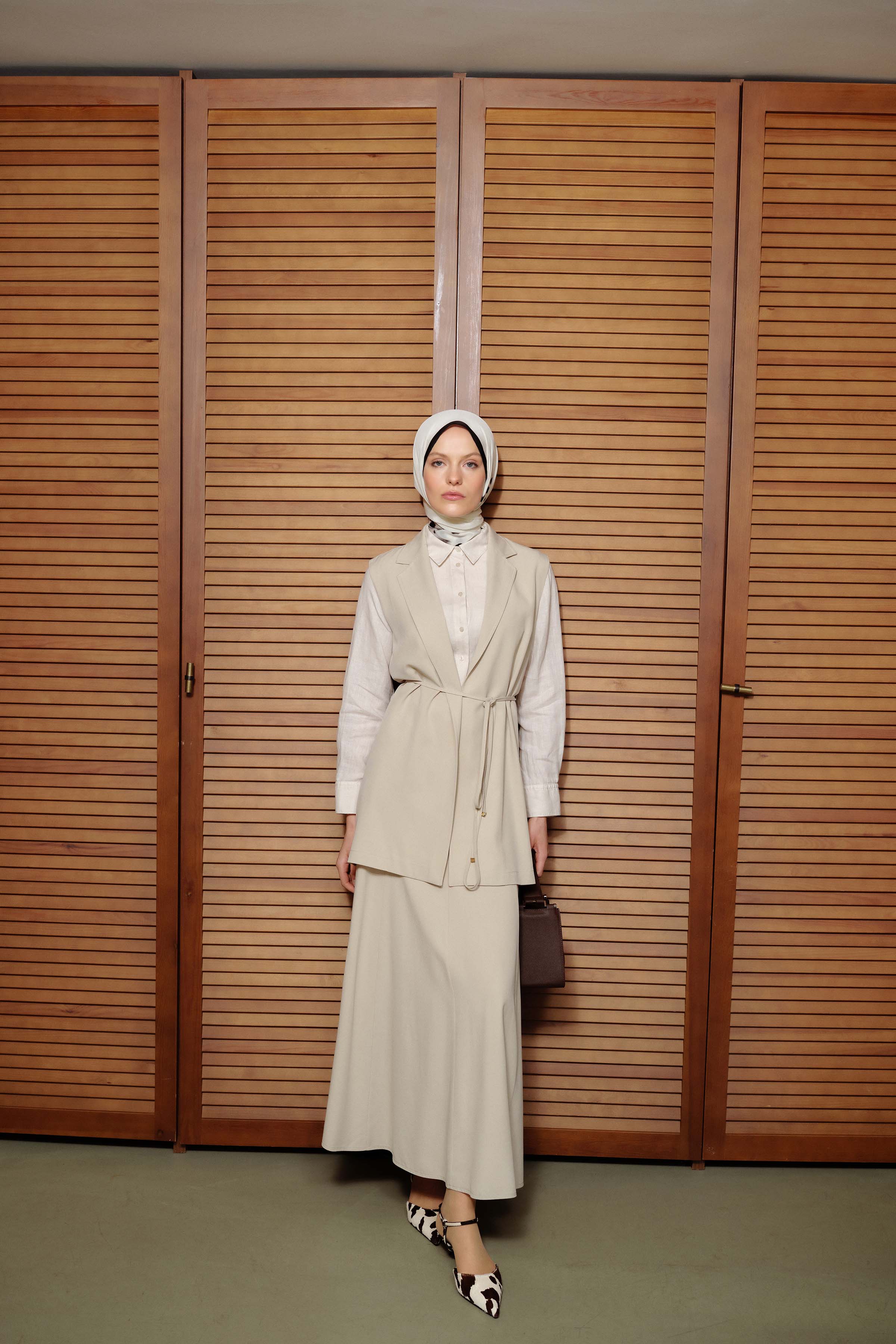 Çapraz Biye Kemerli Parçalı Etek - Bej TUGBA