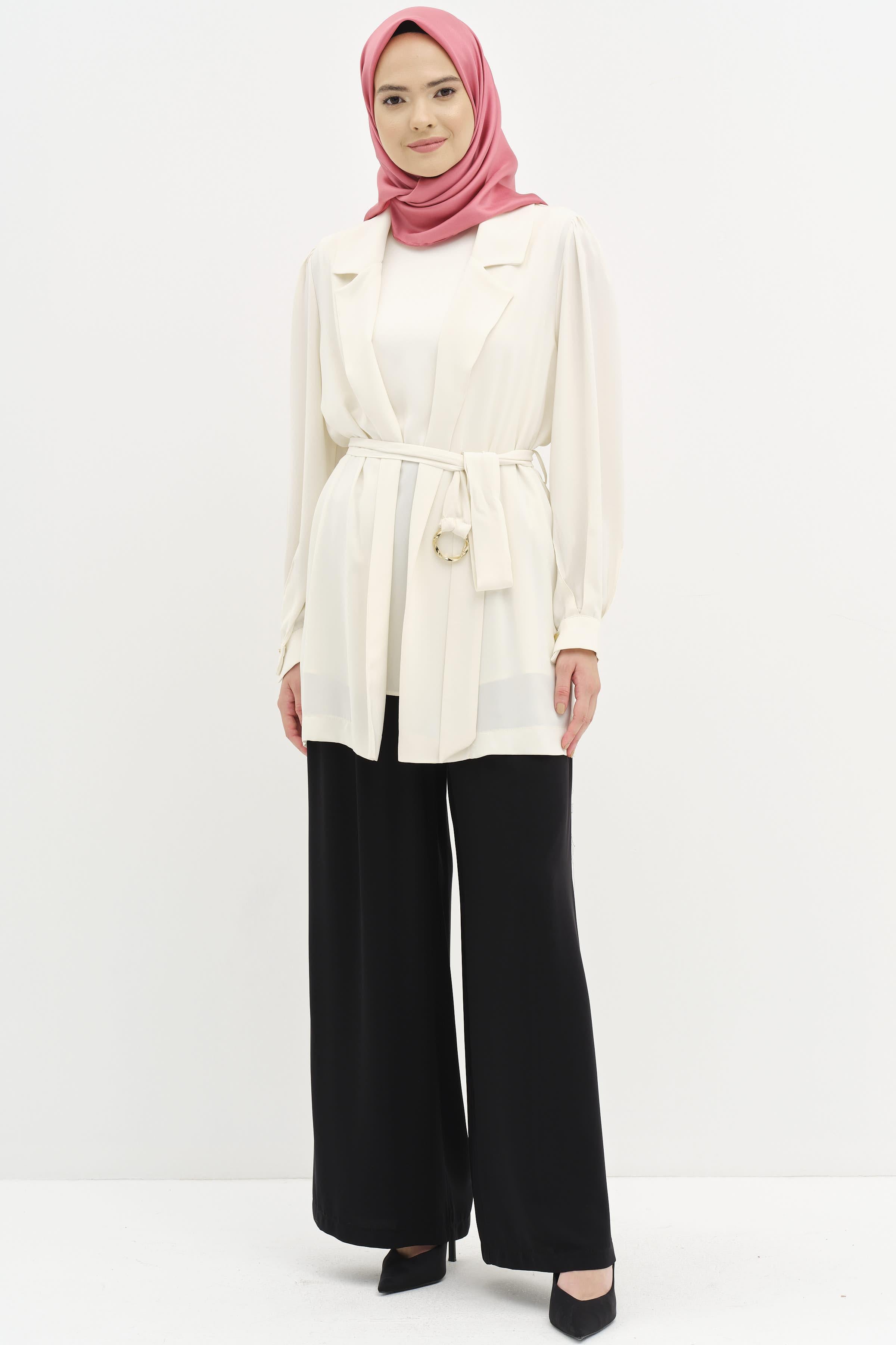 Ceket Bluz Pantolonlu Üçlü Takım - Ekru - Siyah TUGBA