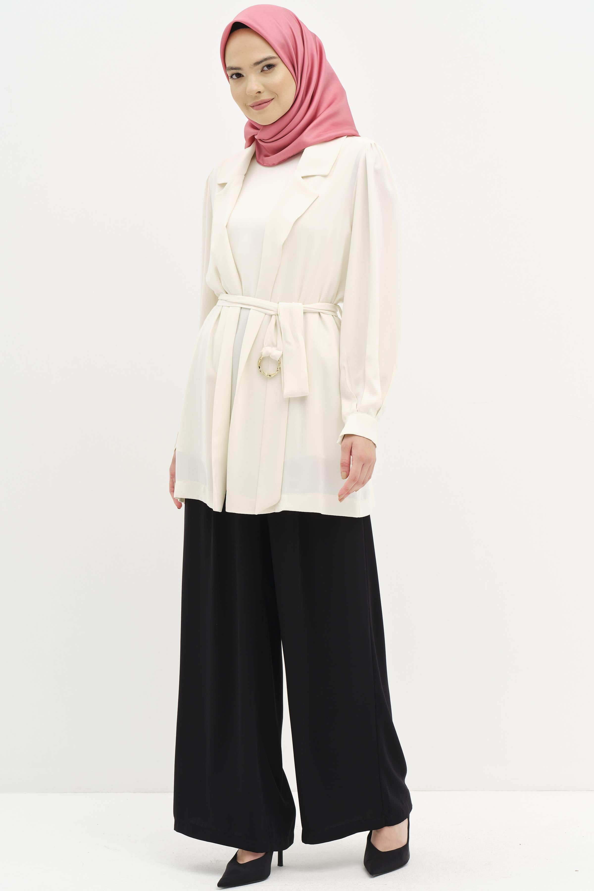 Ceket Bluz Pantolonlu Üçlü Takım - Ekru - Siyah TUGBA