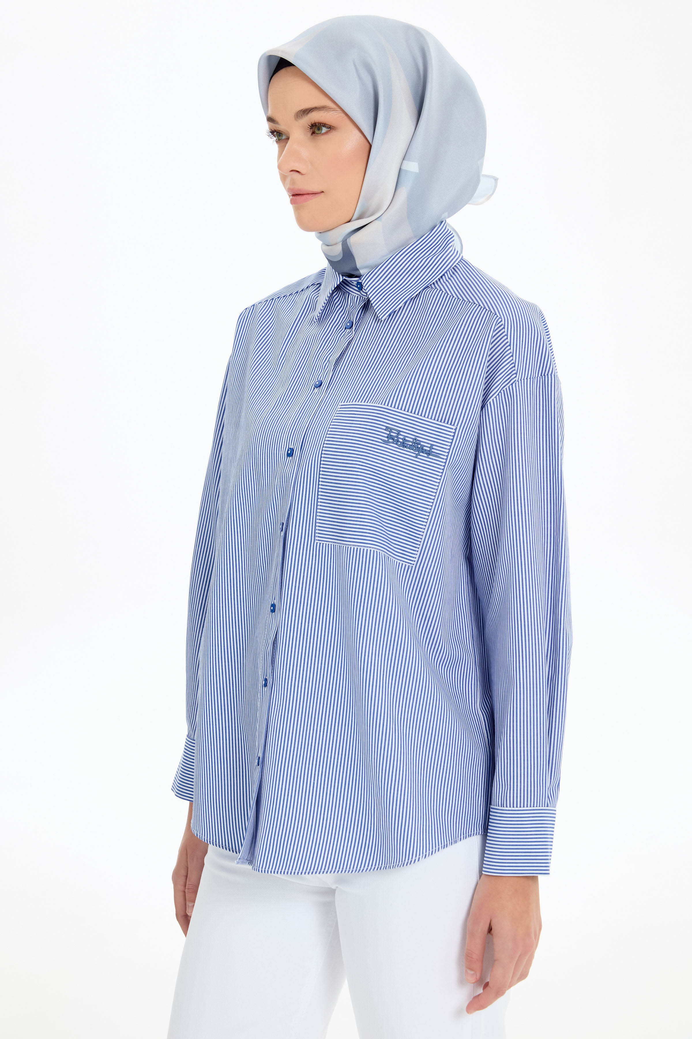 Cep Detaylı Çizgili Gömlek - Lacivert TUGBA
