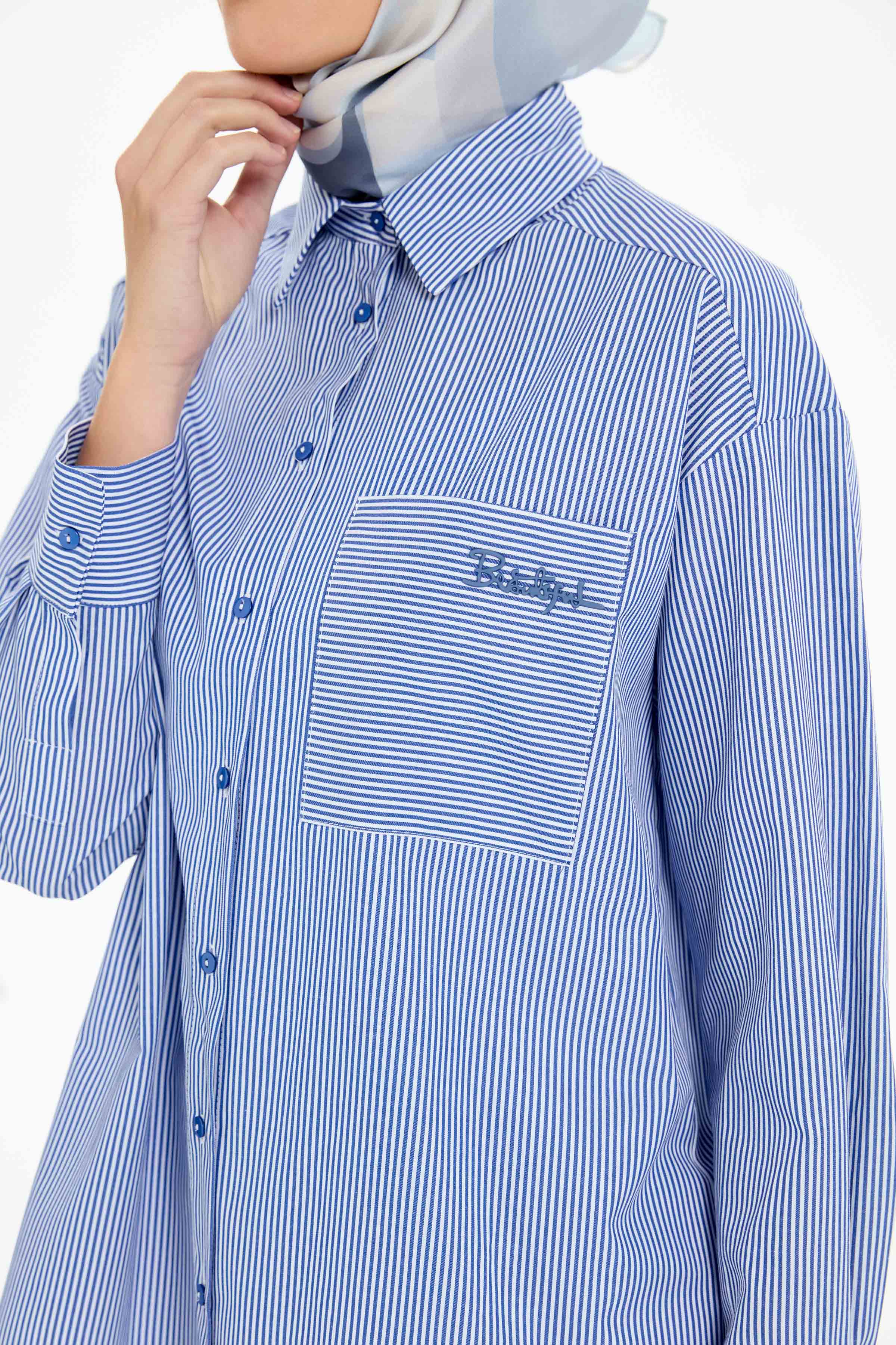 Cep Detaylı Çizgili Gömlek - Lacivert TUGBA