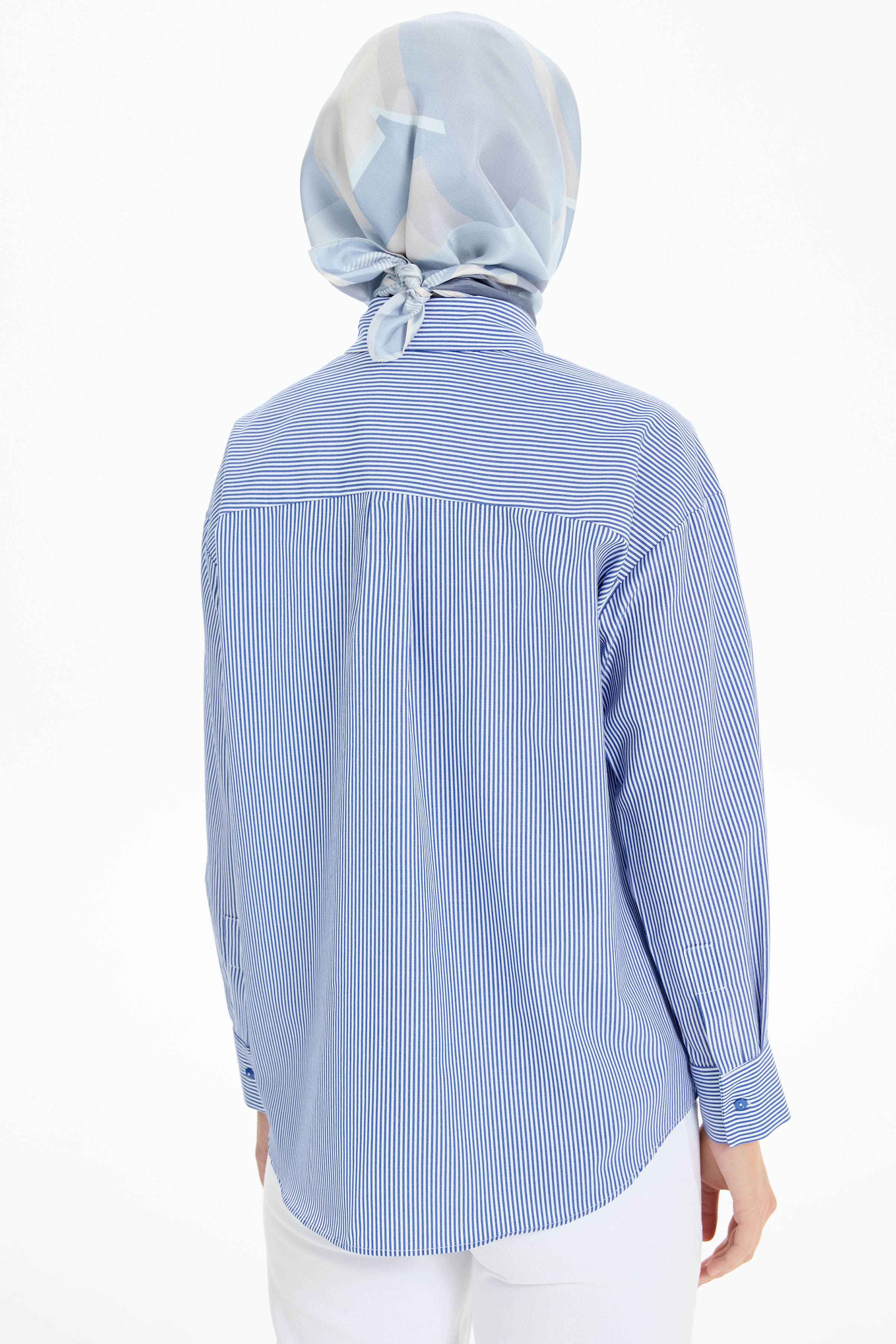 Cep Detaylı Çizgili Gömlek - Lacivert TUGBA