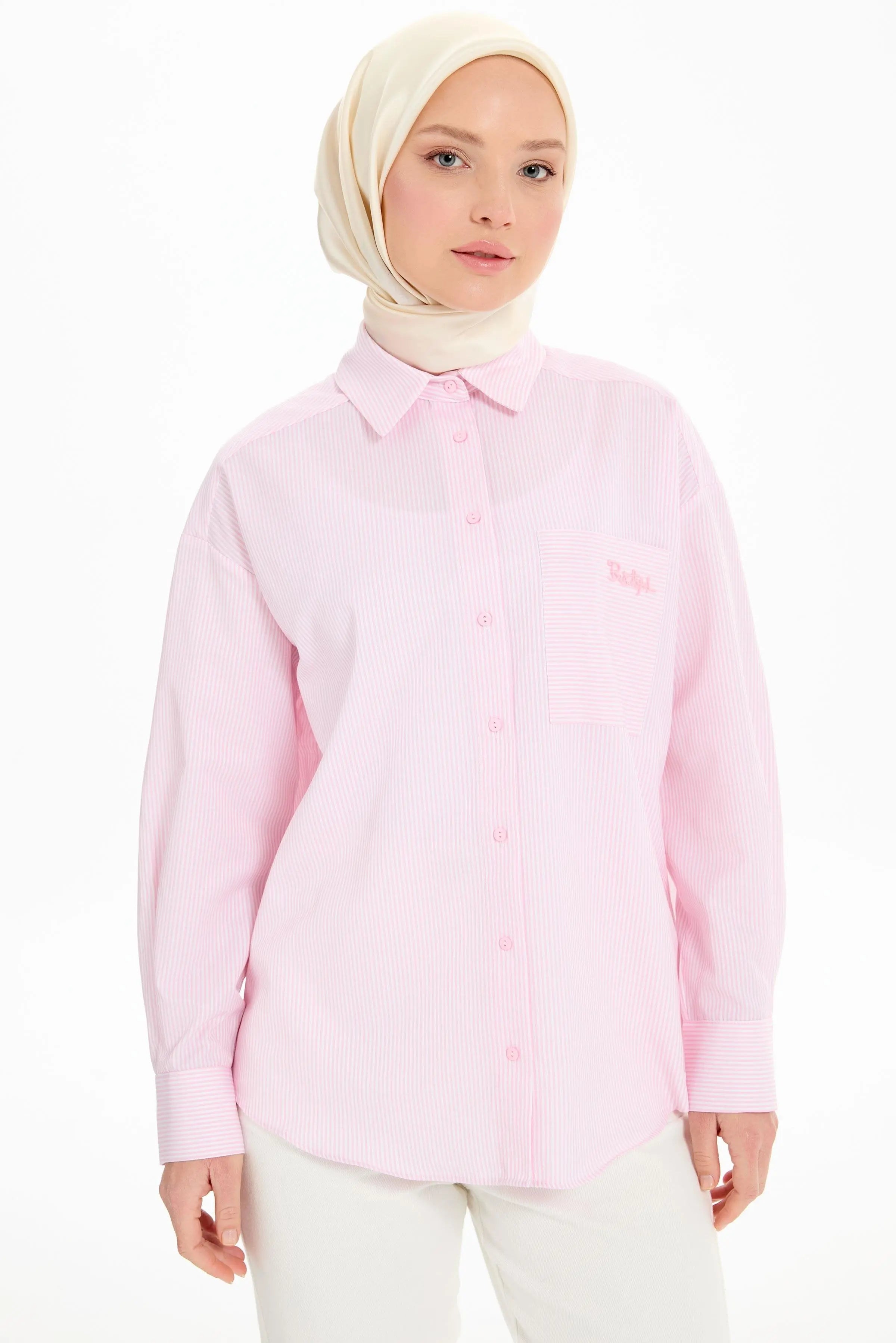 Cep Detaylı Çizgili Gömlek - Pembe TUGBA