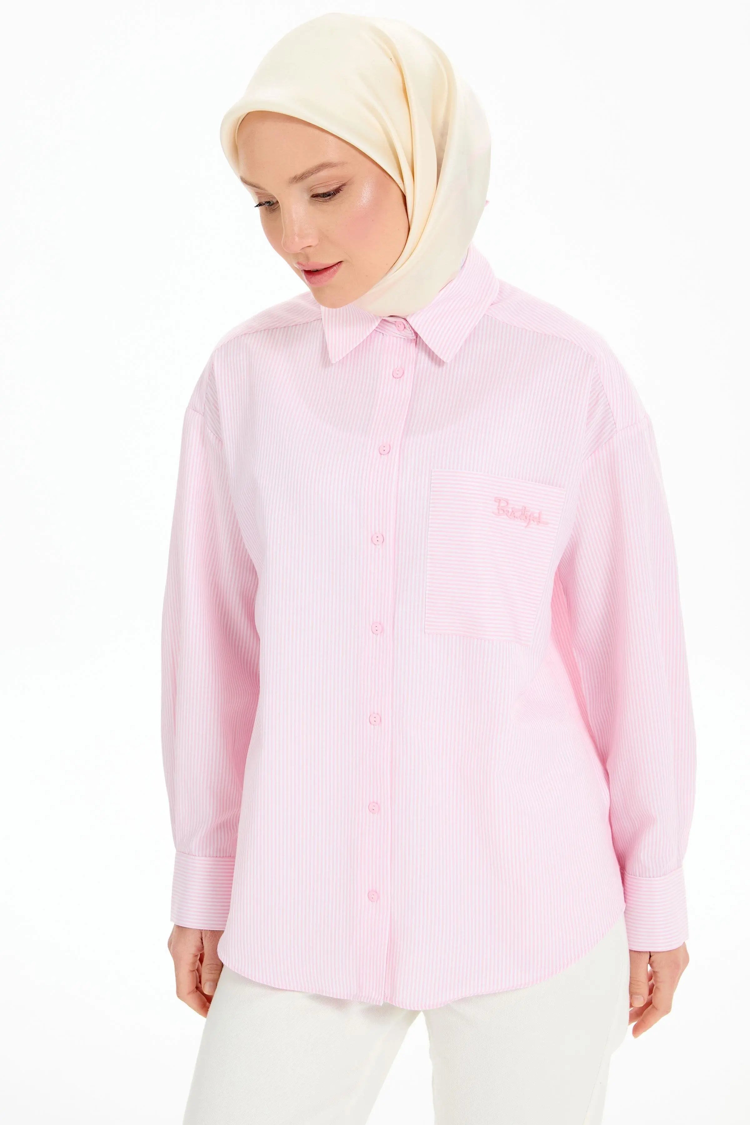 Cep Detaylı Çizgili Gömlek - Pembe TUGBA