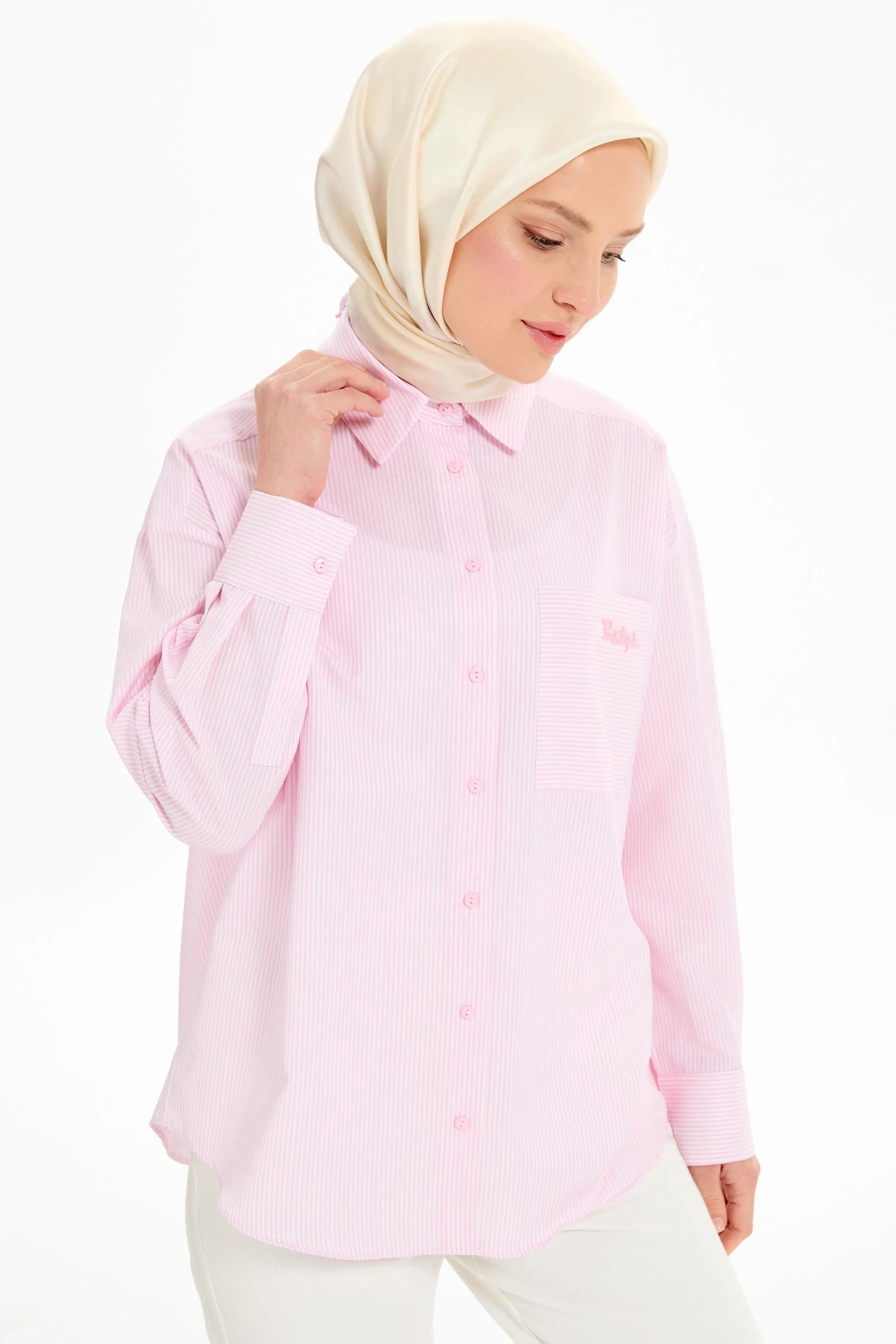 Cep Detaylı Çizgili Gömlek - Pembe TUGBA
