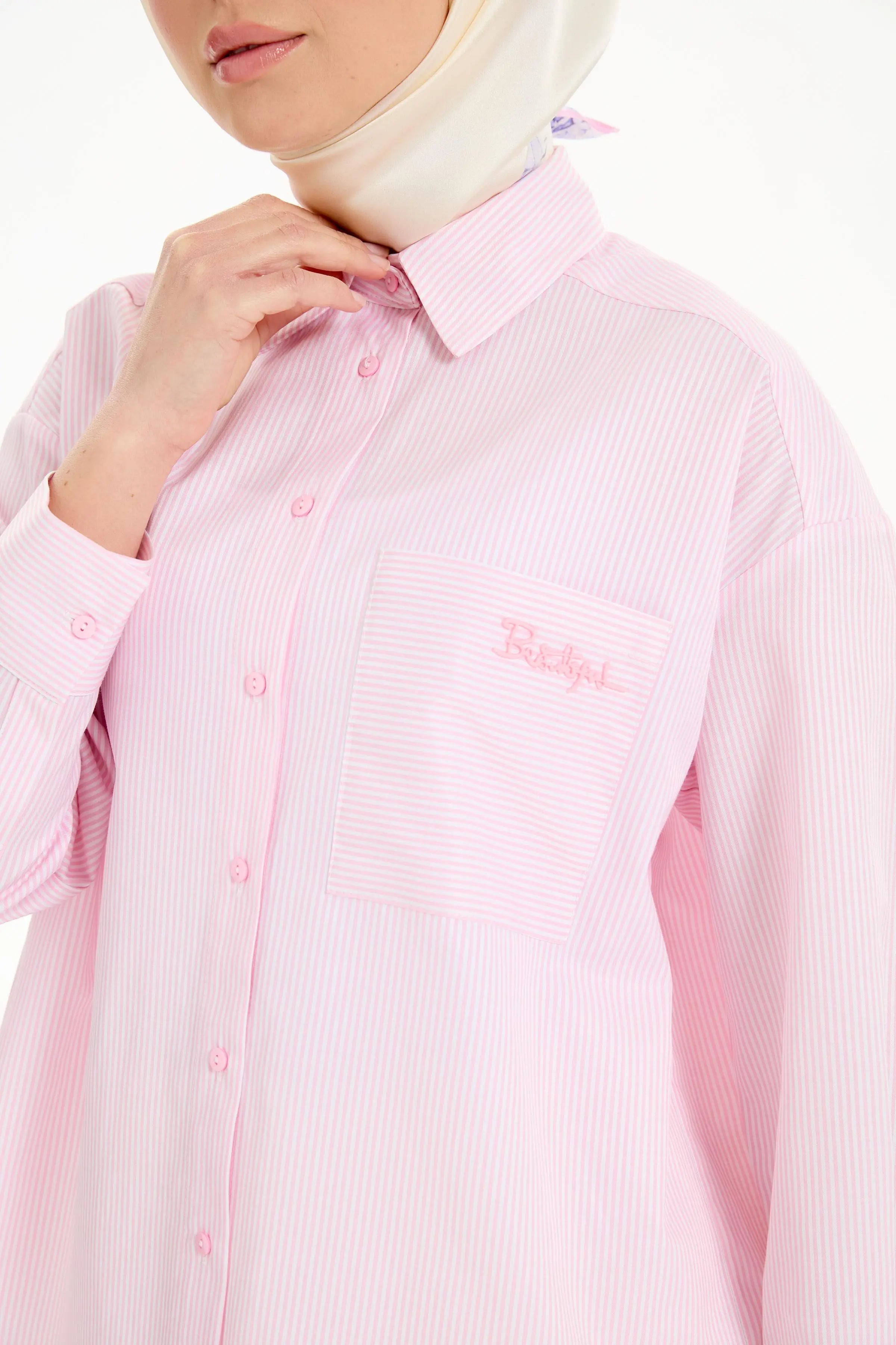 Cep Detaylı Çizgili Gömlek - Pembe TUGBA