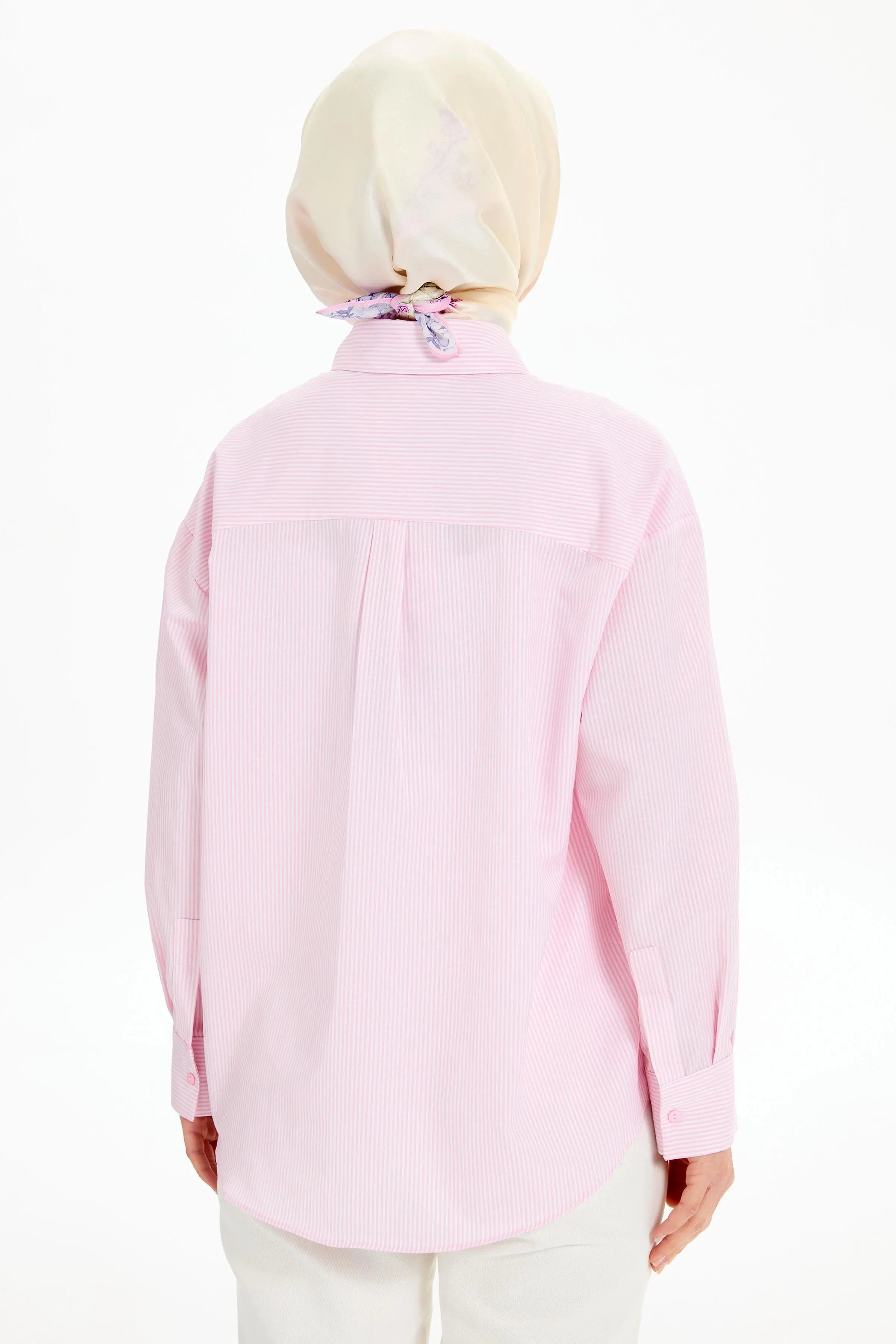 Cep Detaylı Çizgili Gömlek - Pembe TUGBA