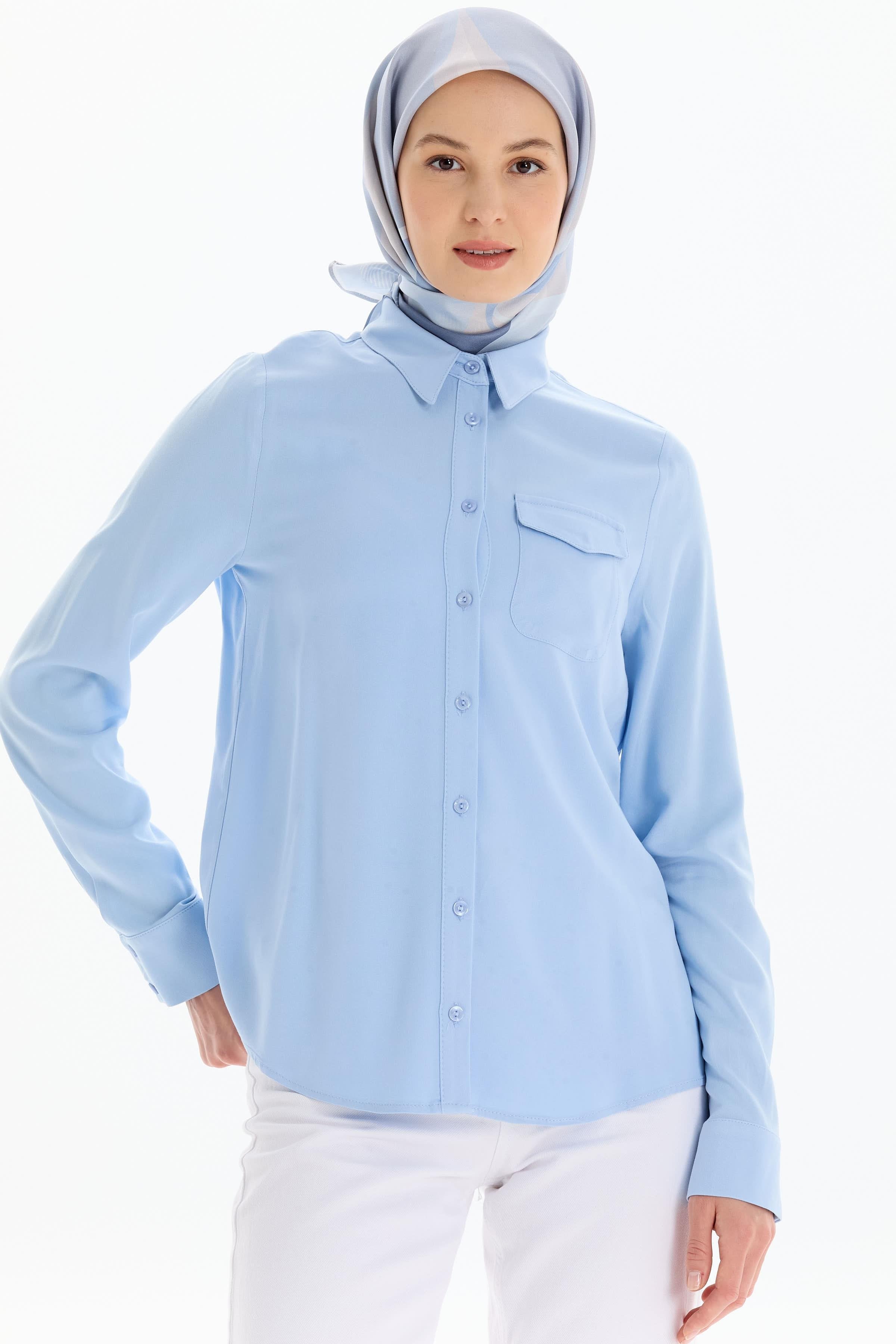 Cep Detaylı Viskon Gömlek - Açık Mavi TUGBA