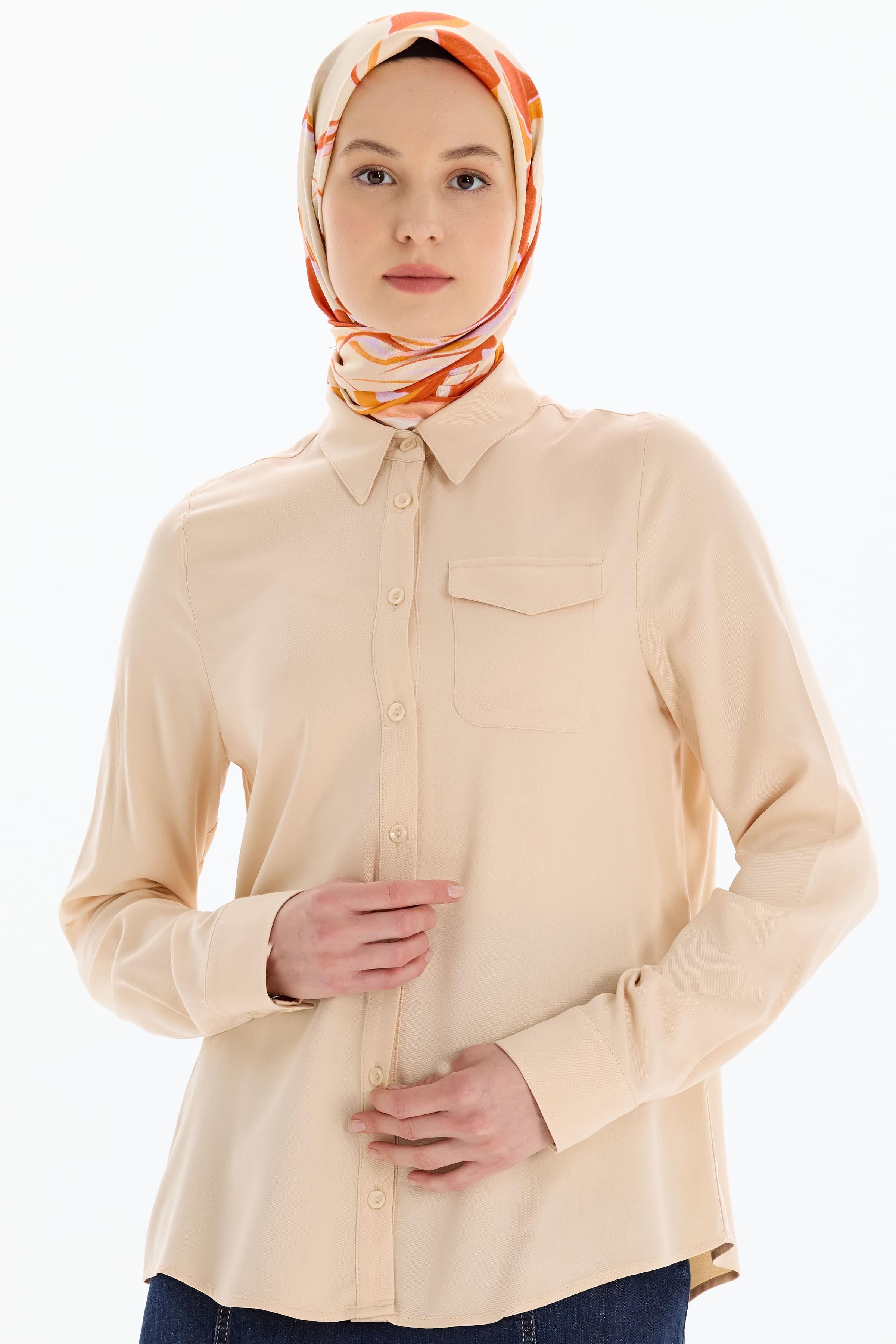 Cep Detaylı Viskon Gömlek - Bej TUGBA