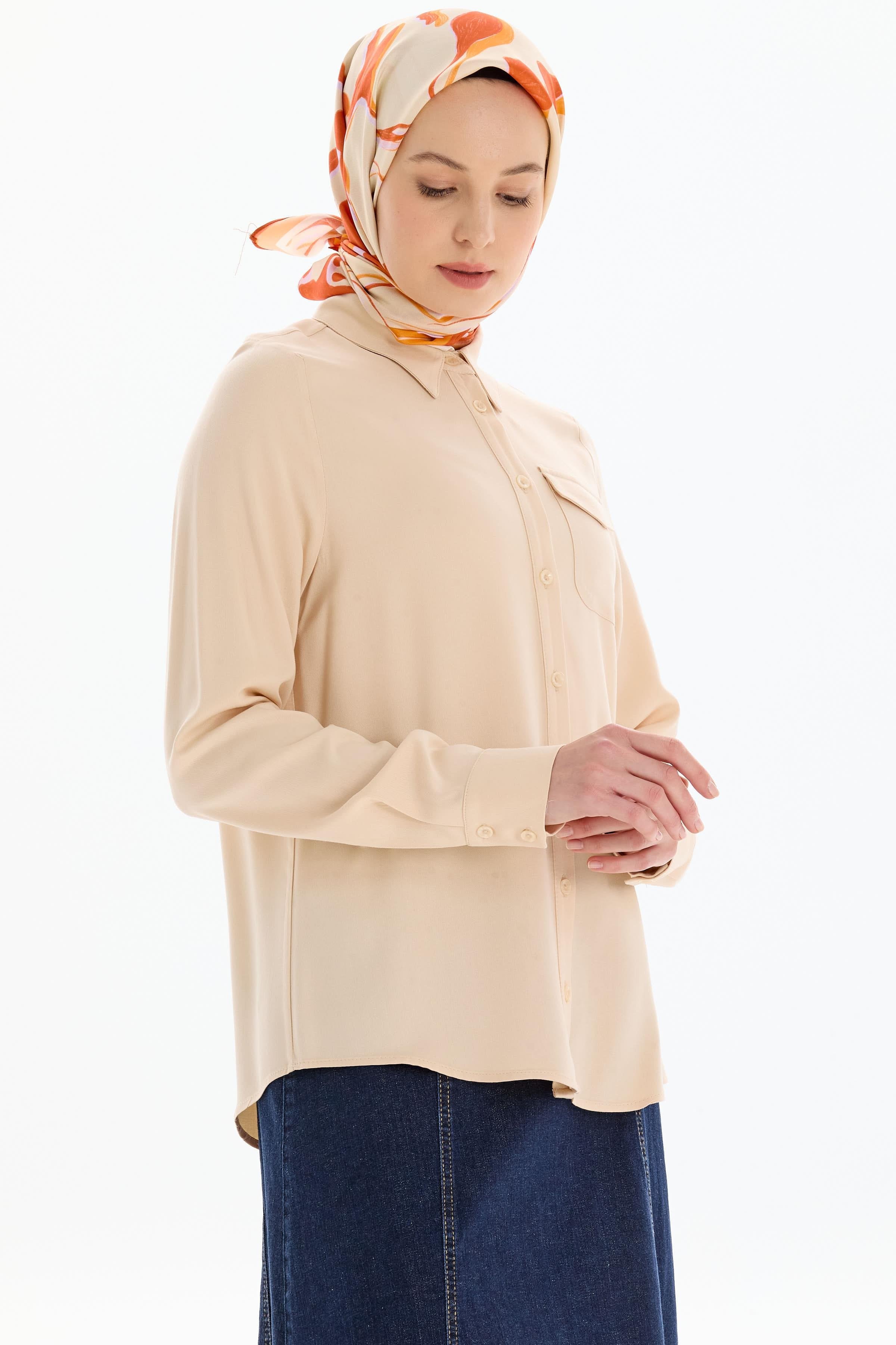 Cep Detaylı Viskon Gömlek - Bej TUGBA