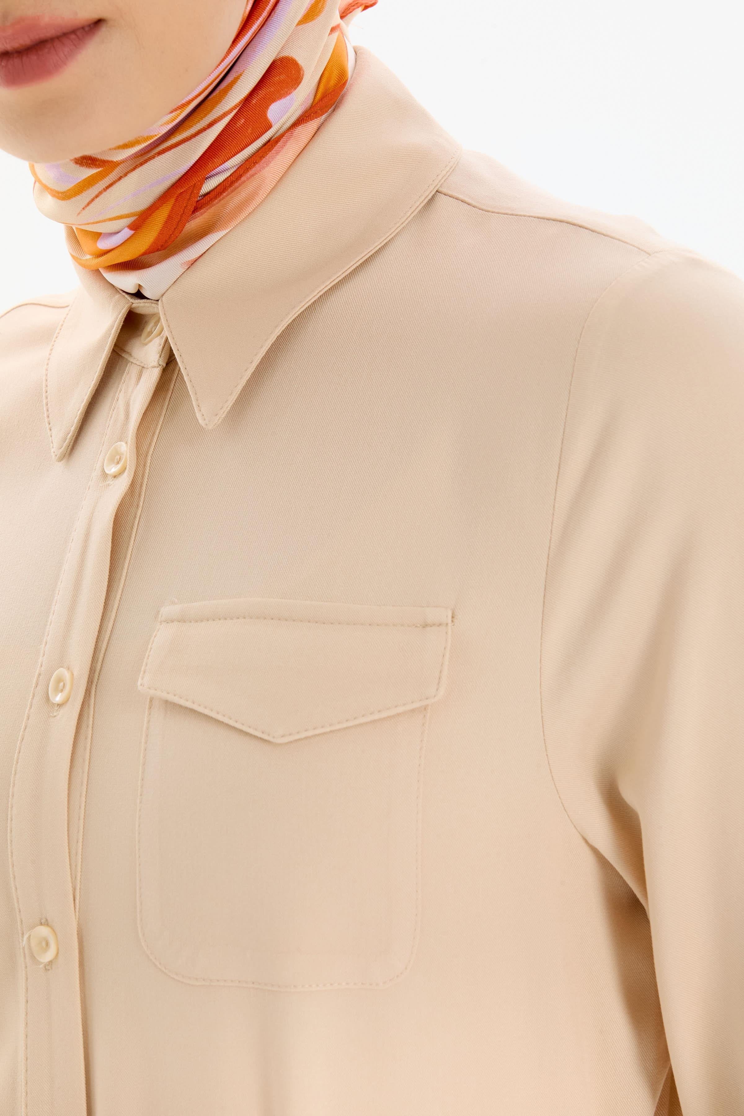 Cep Detaylı Viskon Gömlek - Bej TUGBA