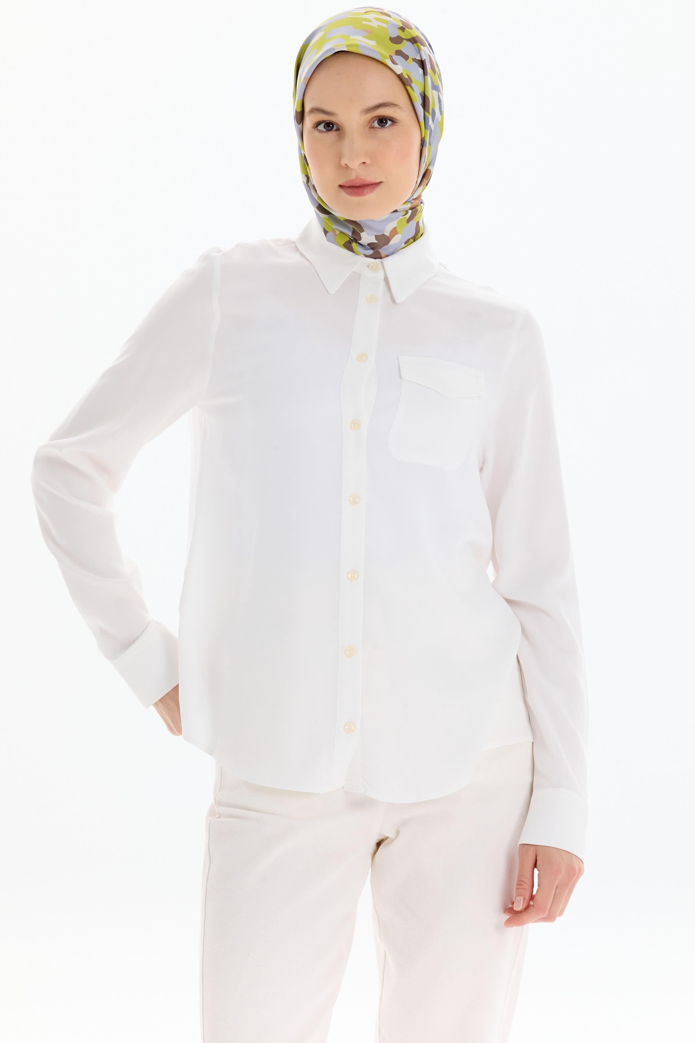 Cep Detaylı Viskon Gömlek - Ekru TUGBA