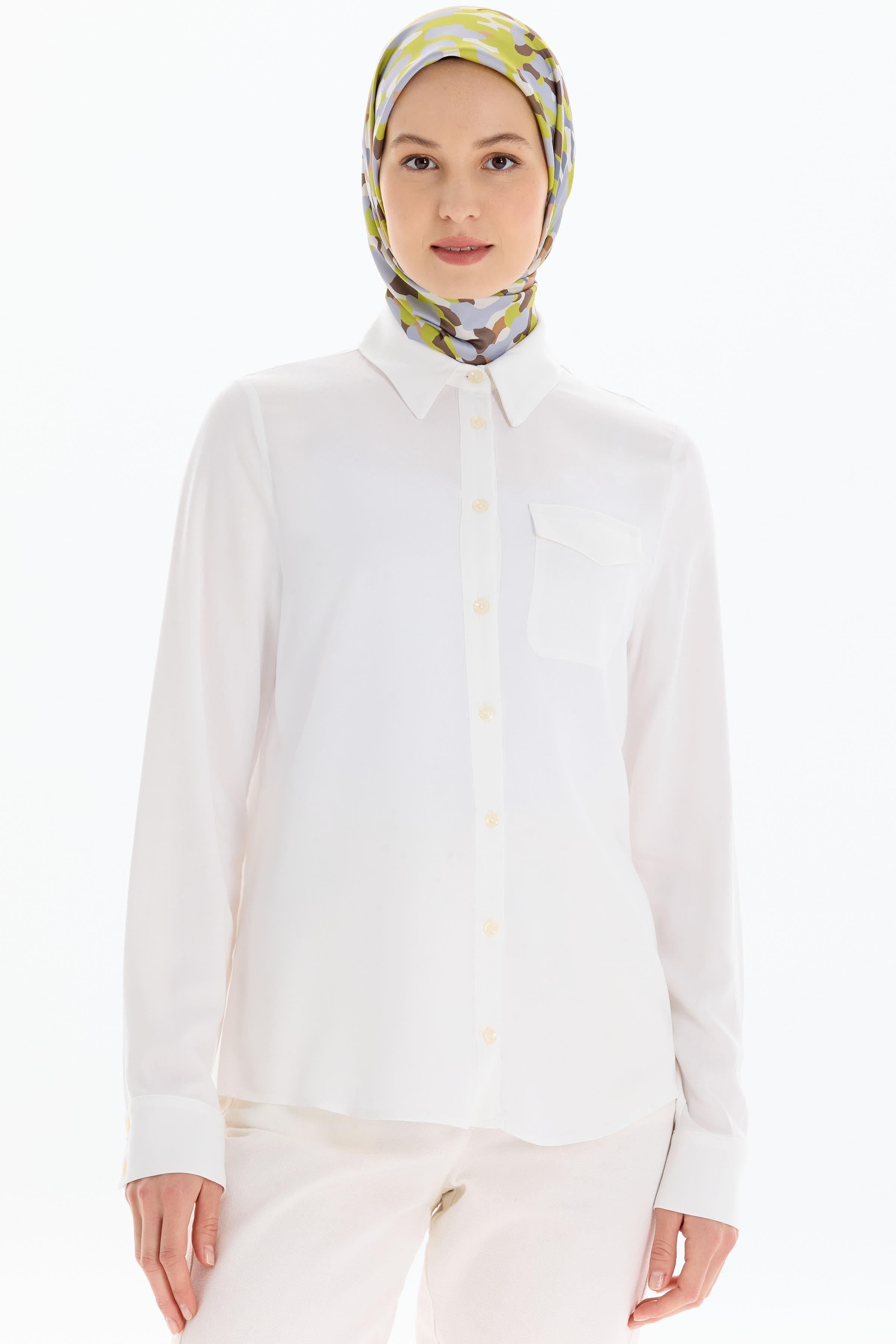 Cep Detaylı Viskon Gömlek - Ekru TUGBA