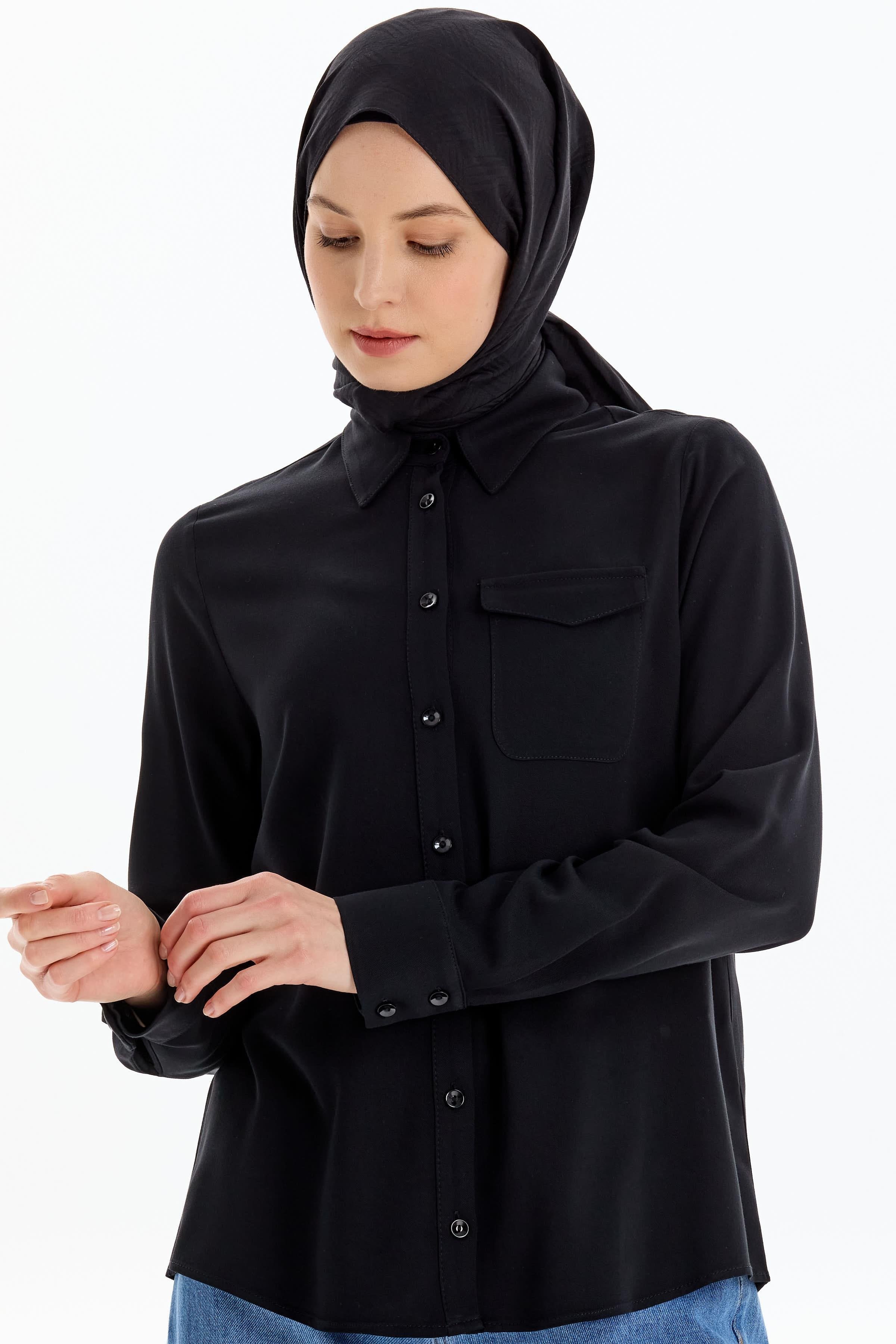 Cep Detaylı Viskon Gömlek - Siyah TUGBA
