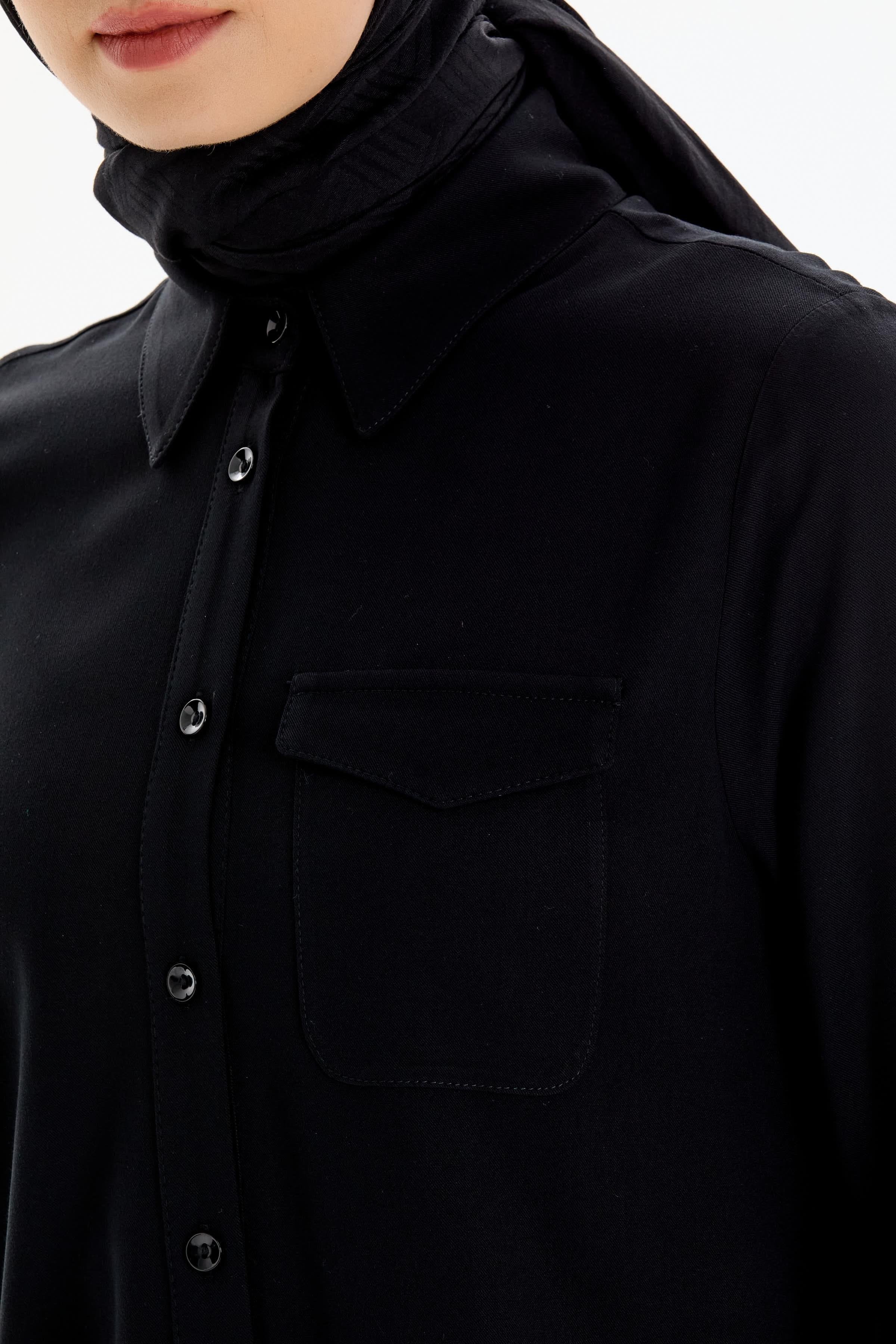 Cep Detaylı Viskon Gömlek - Siyah TUGBA