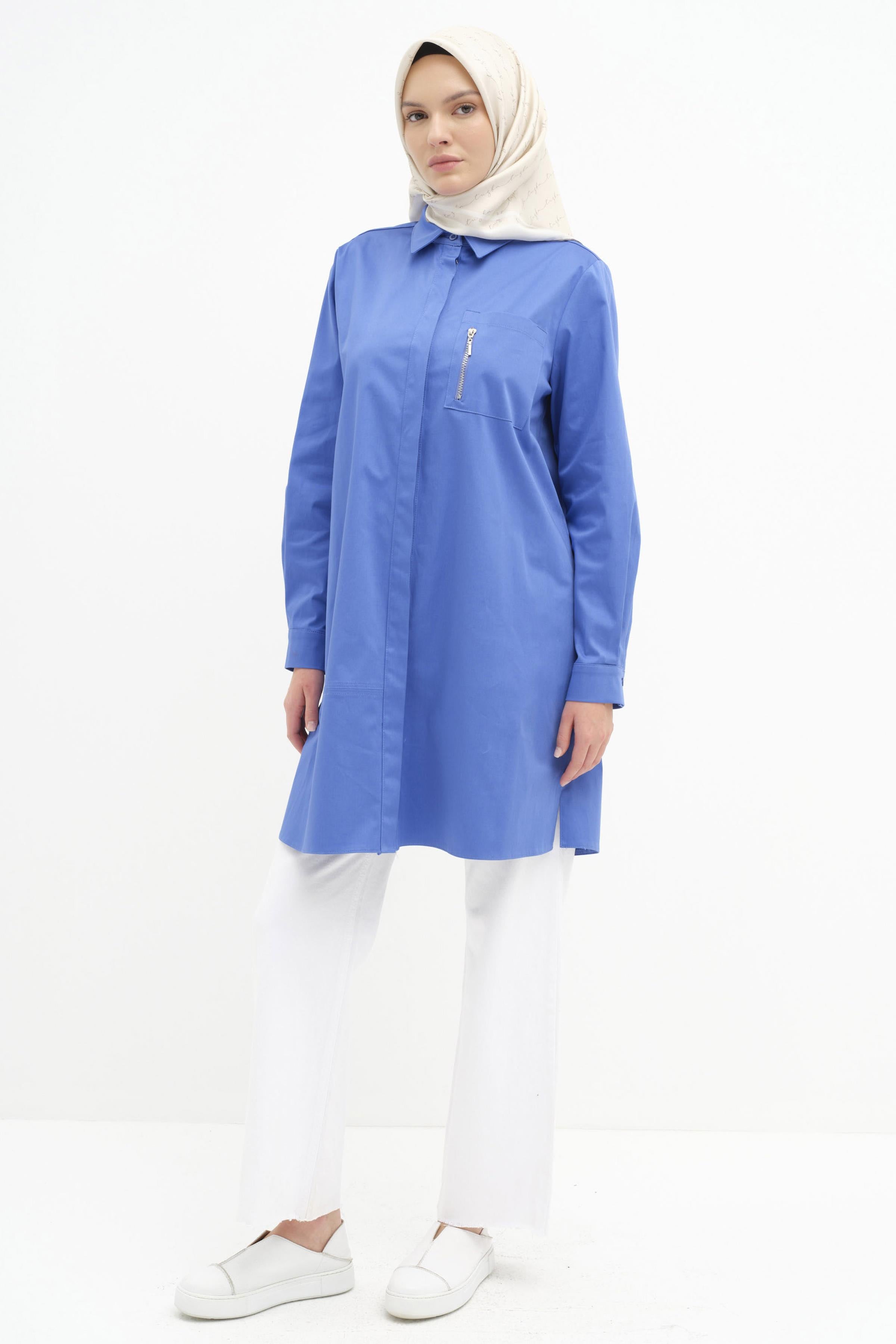 Cep Detaylı Yırtmaçlı Tunik - İndigo TUGBA