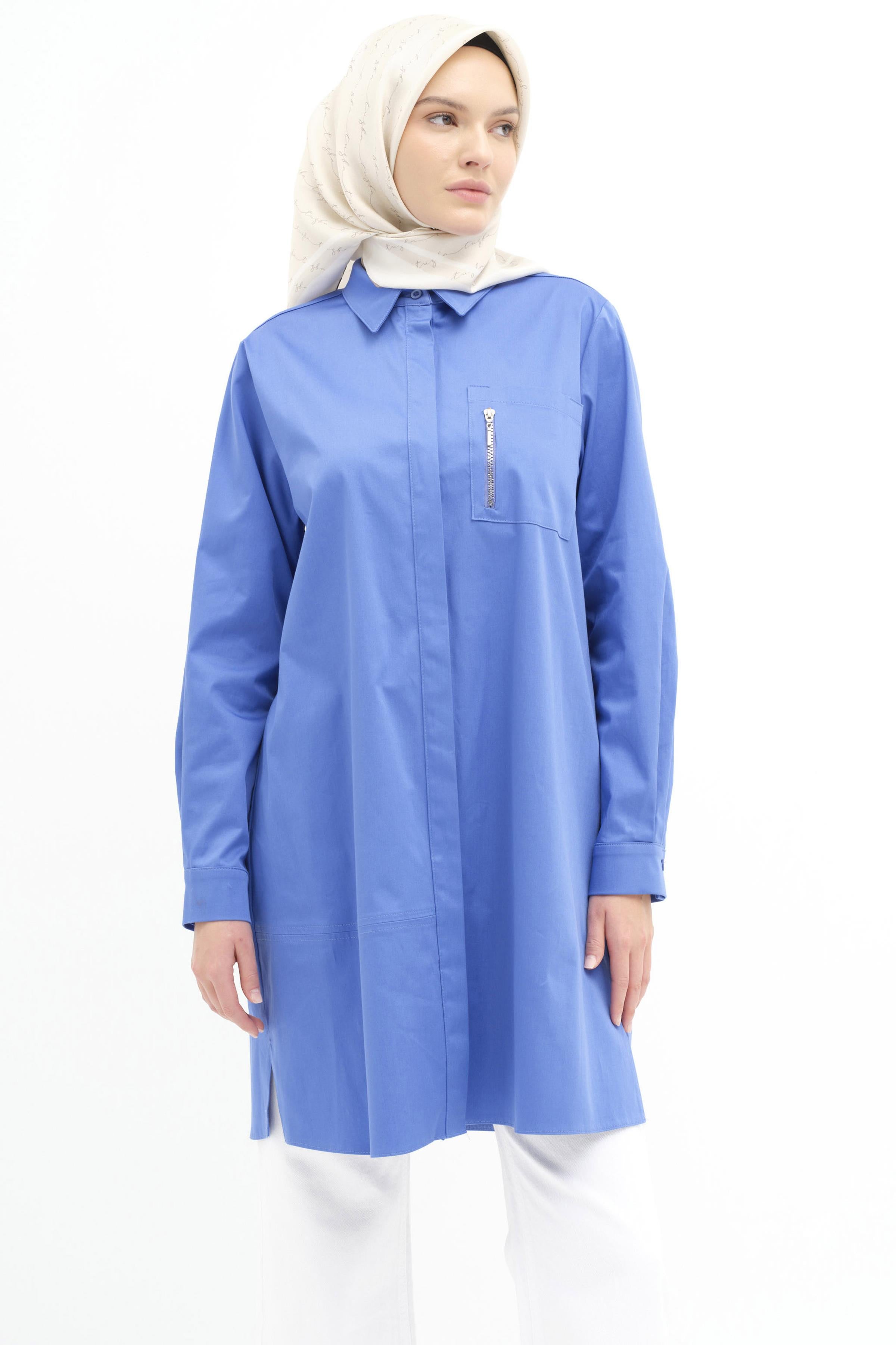 Cep Detaylı Yırtmaçlı Tunik - İndigo TUGBA