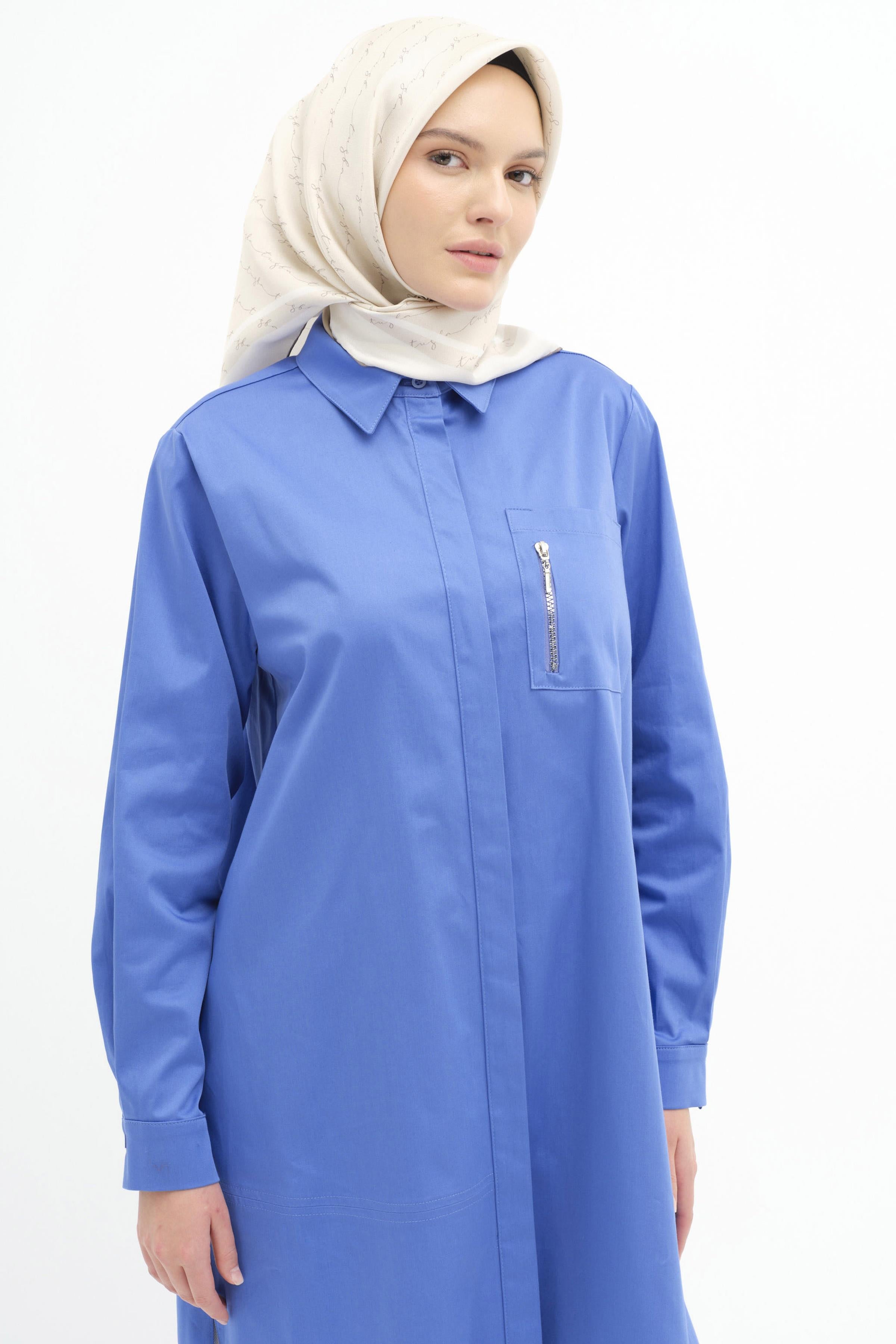 Cep Detaylı Yırtmaçlı Tunik - İndigo TUGBA