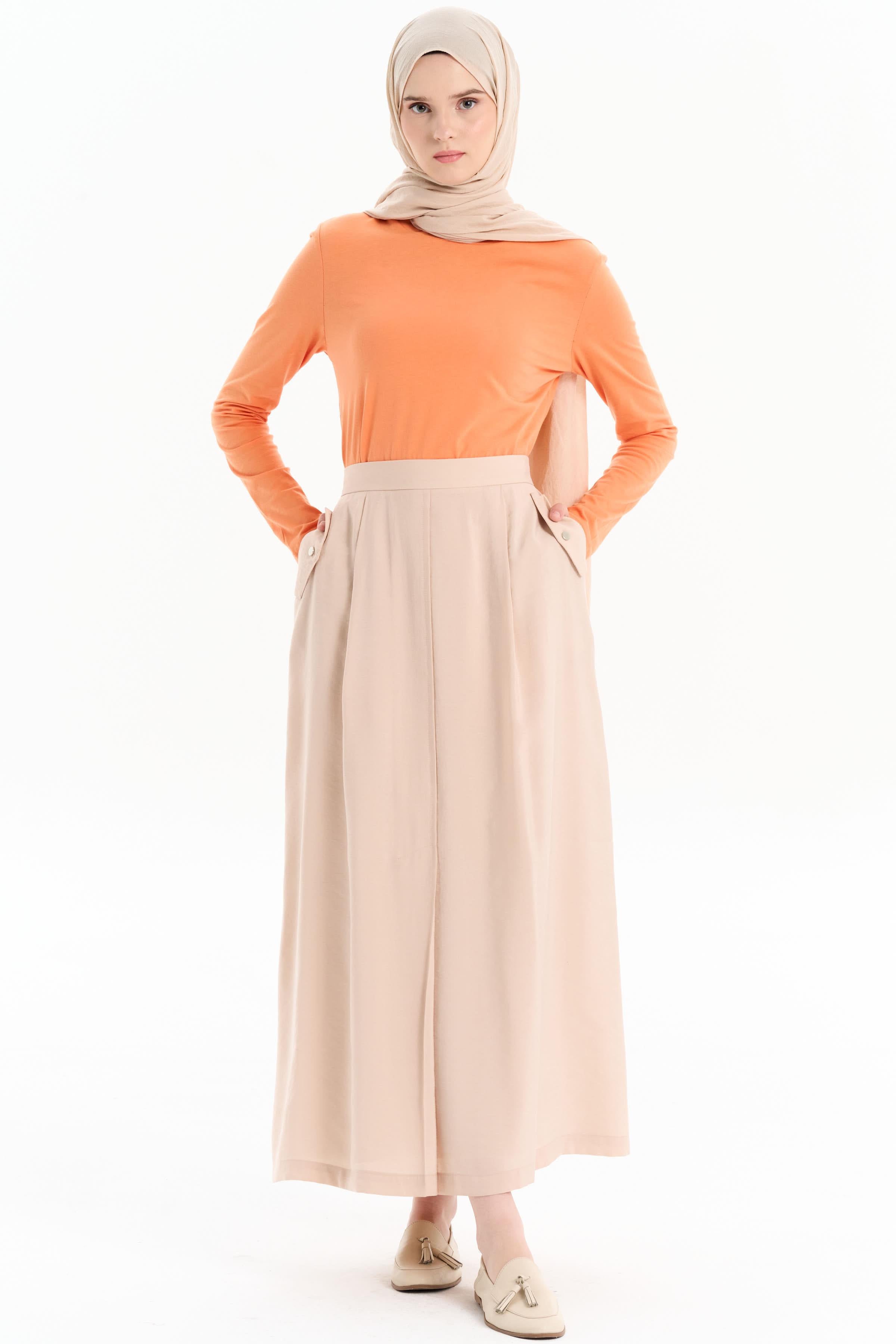 Cep Kapağı Detaylı Etek - Bej TUGBA