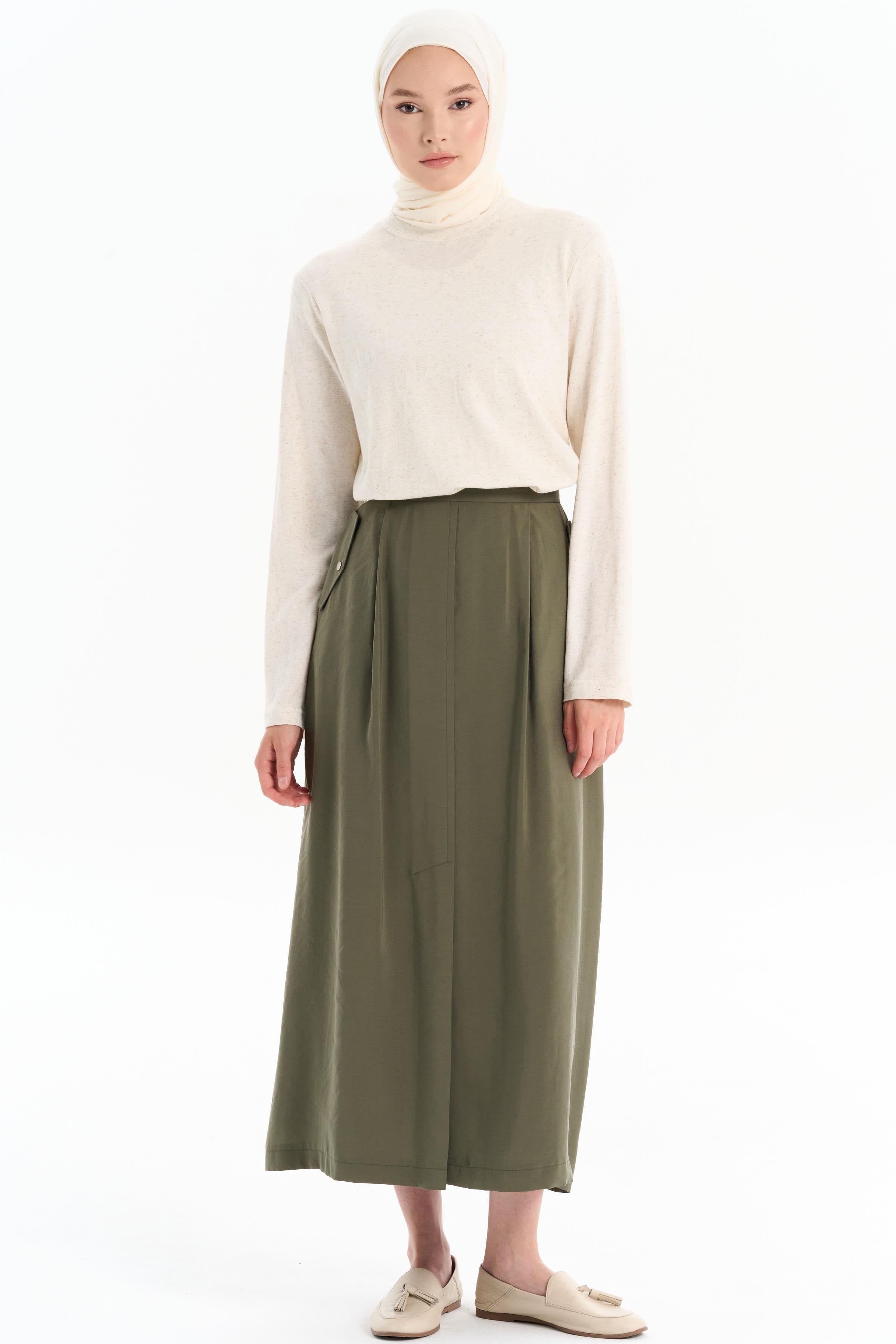 Cep Kapağı Detaylı Etek - Haki TUGBA