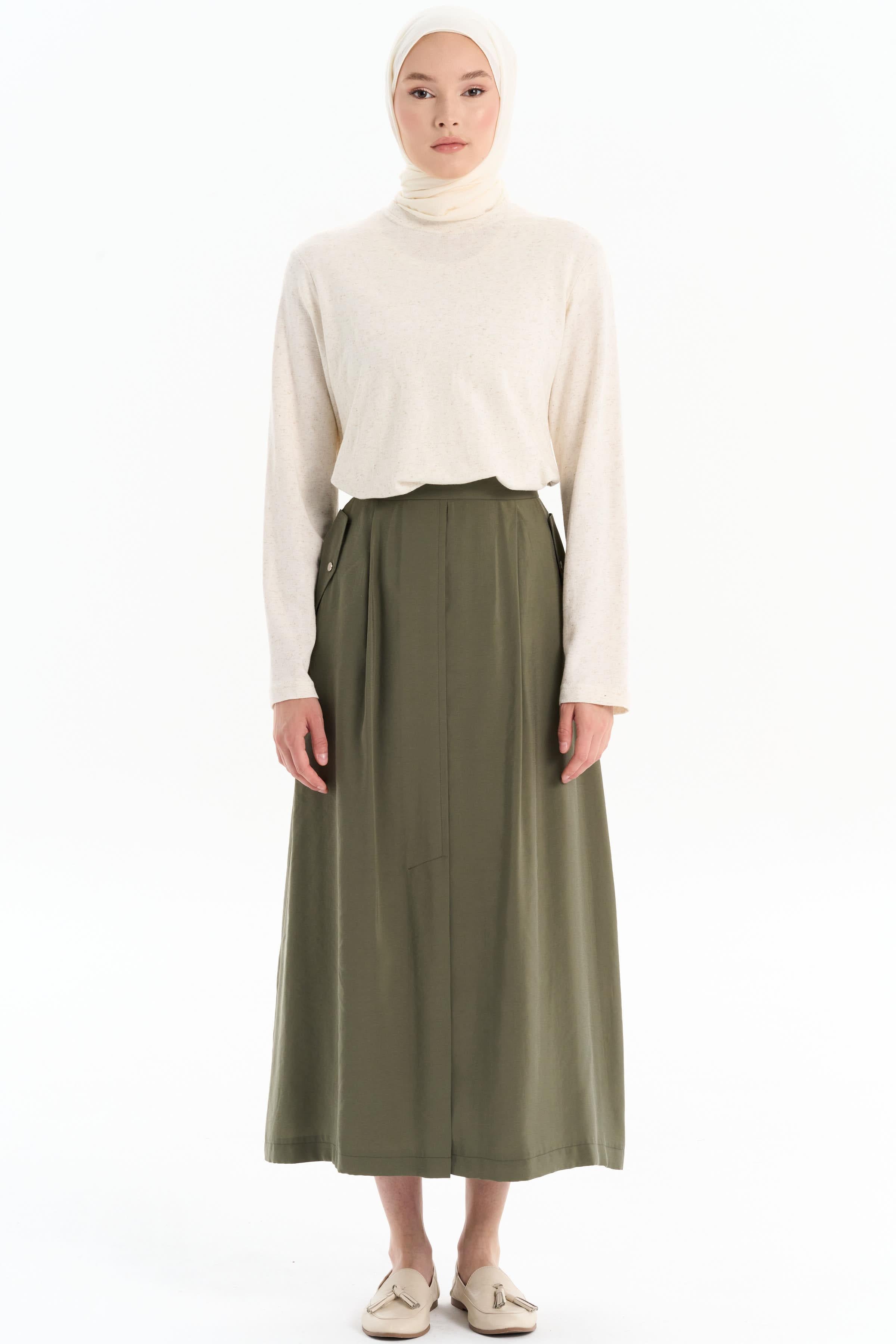 Cep Kapağı Detaylı Etek - Haki TUGBA