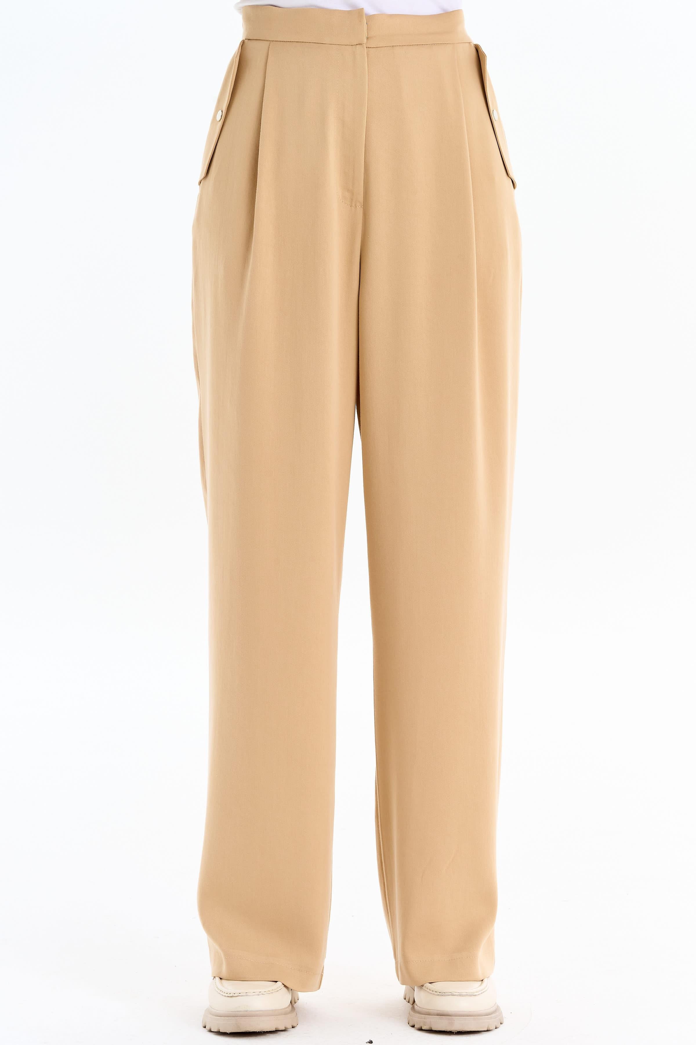 Cep Kapaklı Bol Paça Pantolon - Camel TUGBA