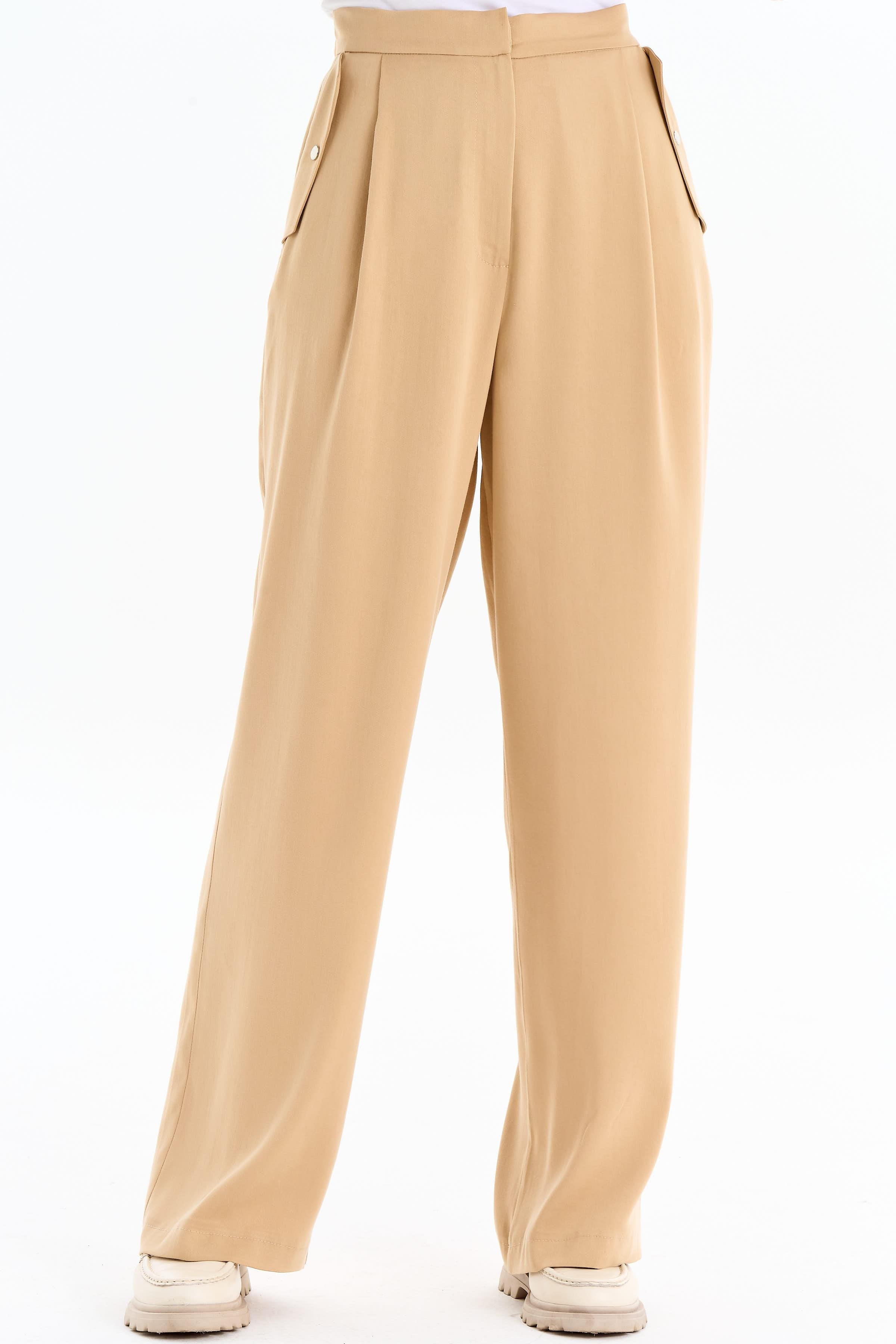 Cep Kapaklı Bol Paça Pantolon - Camel TUGBA