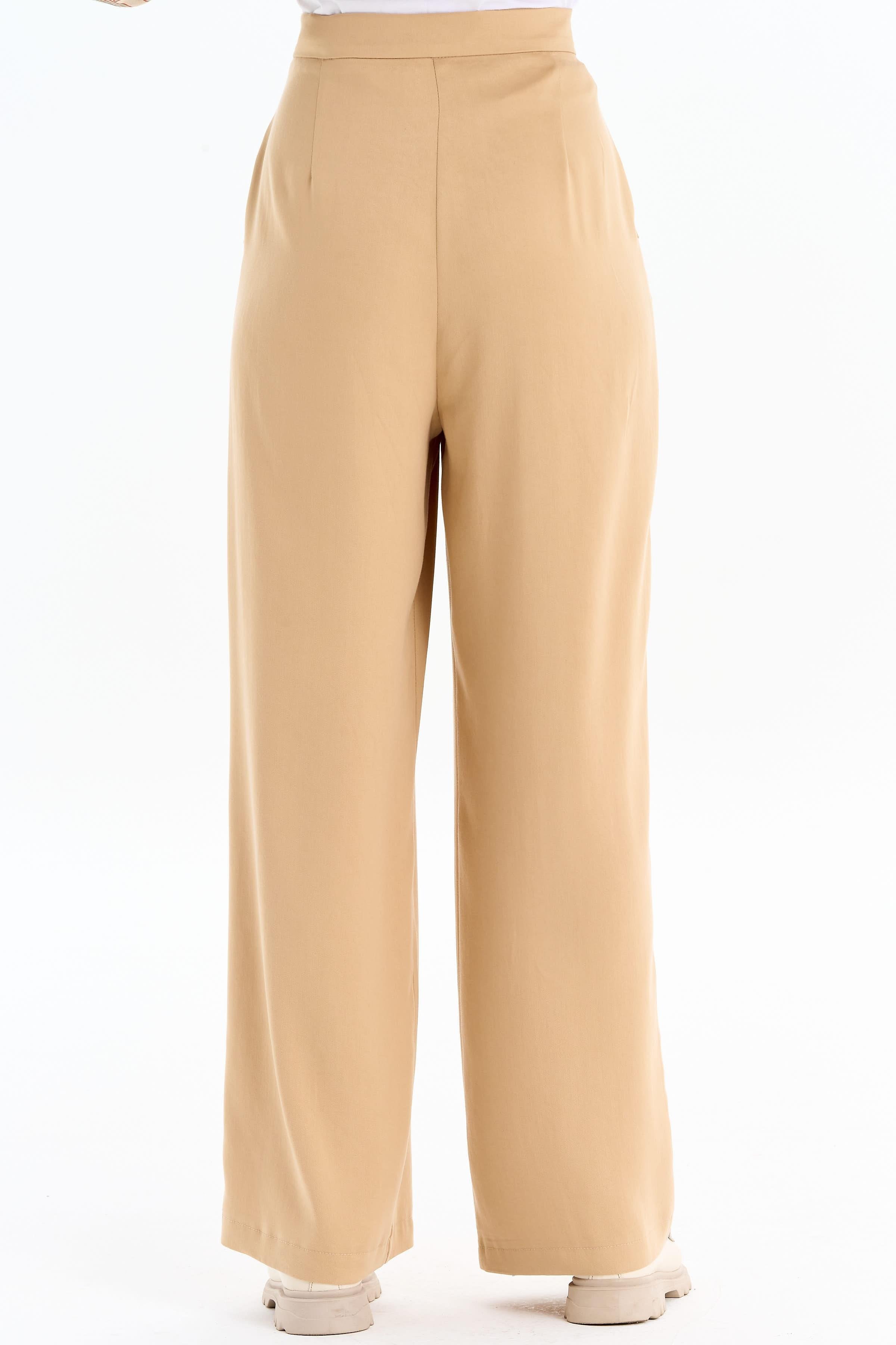 Cep Kapaklı Bol Paça Pantolon - Camel TUGBA