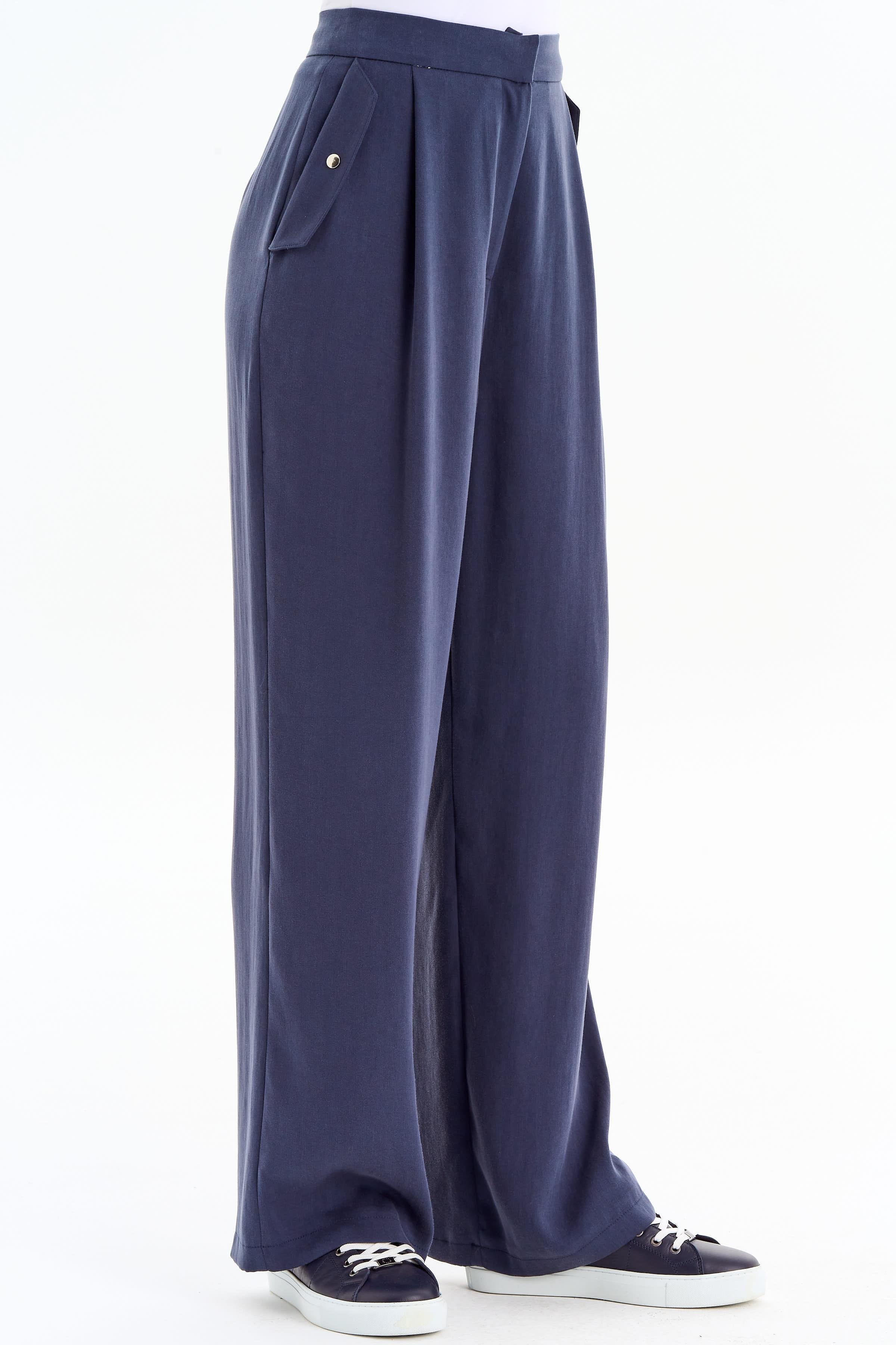 Cep Kapaklı Bol Paça Pantolon - Lacivert TUGBA