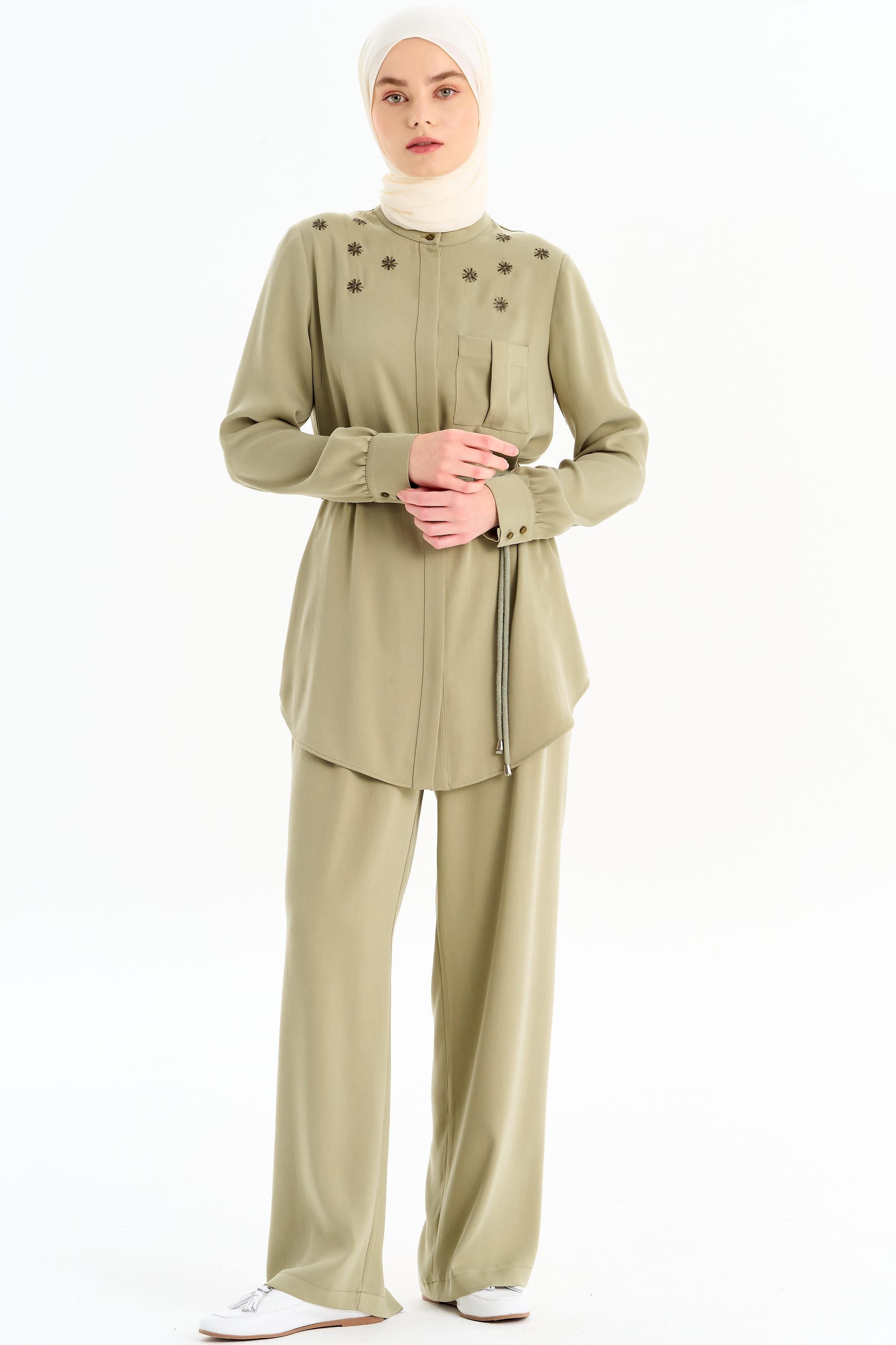 Cep Kapaklı Bol Paça Pantolon - Mint TUGBA